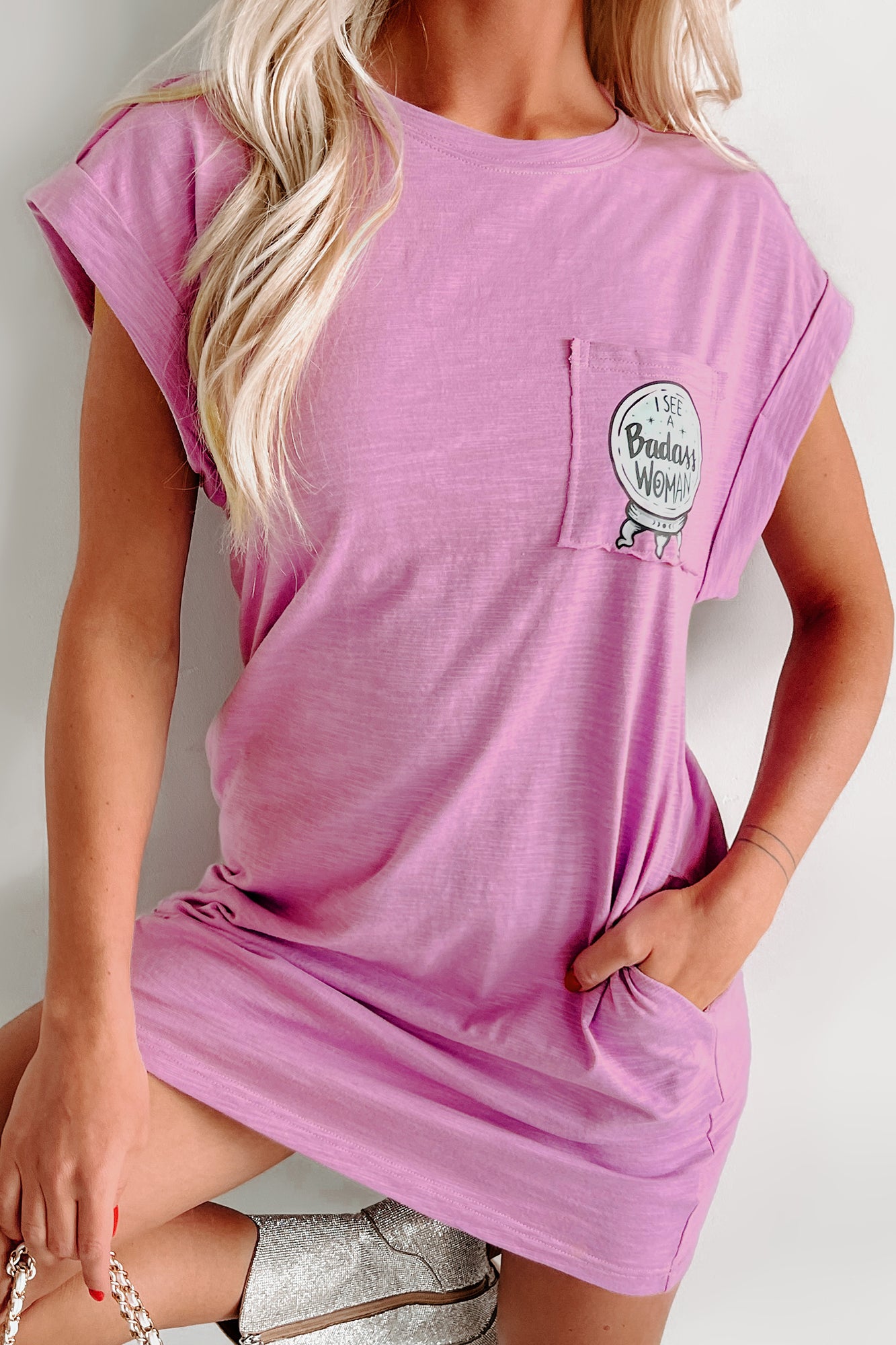Doorbuster "Badass Woman" Graphic T-Shirt Dress (Lavender) - Print On Demand - NanaMacs