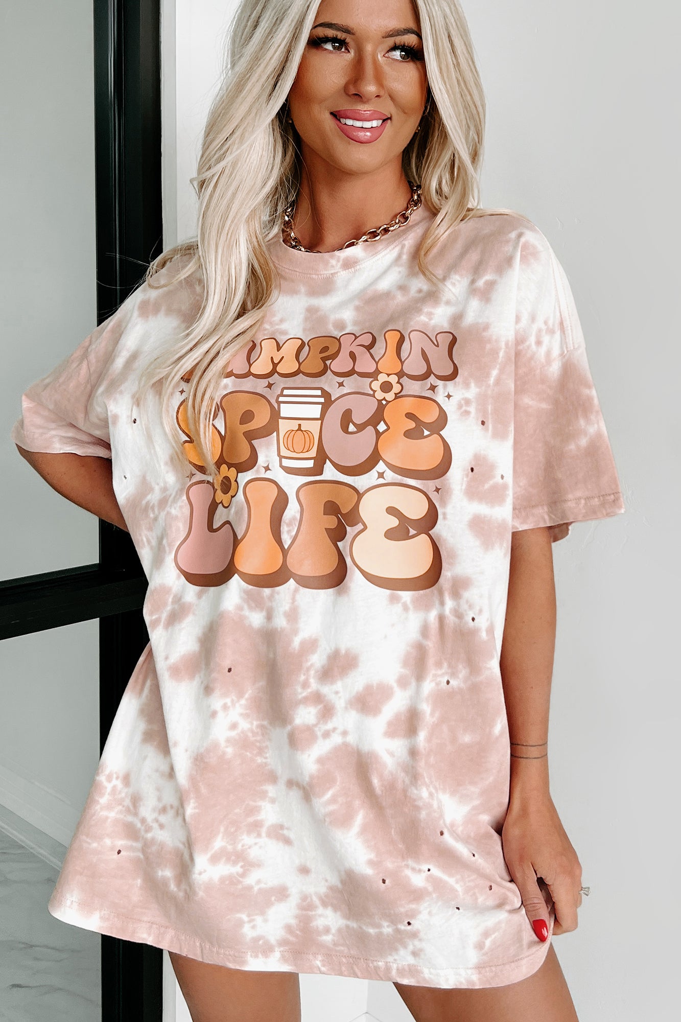 Doorbuster "Pumpkin Spice Life" Oversized Distressed Tie-Dye Graphic T-Shirt (Pastel Pink) - Print On Demand - NanaMacs