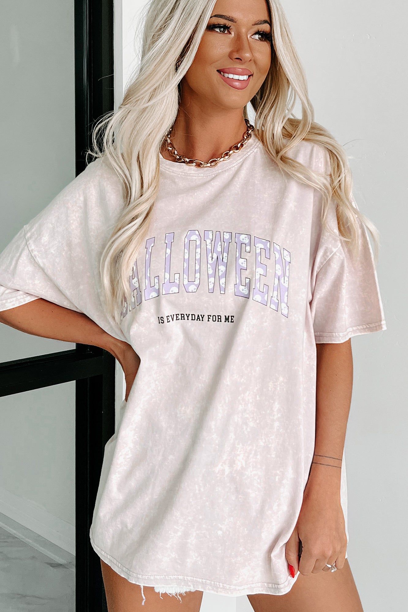 Doorbuster "Halloween Is Everyday" Oversized Mineral Wash Graphic T-Shirt (Pastel Violet) - Print On Demand - NanaMacs
