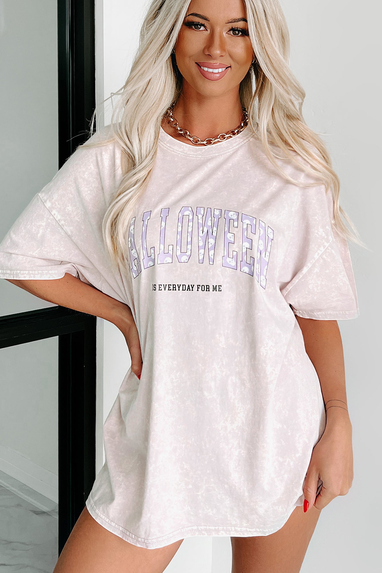 Doorbuster "Halloween Is Everyday" Oversized Mineral Wash Graphic T-Shirt (Pastel Violet) - Print On Demand - NanaMacs