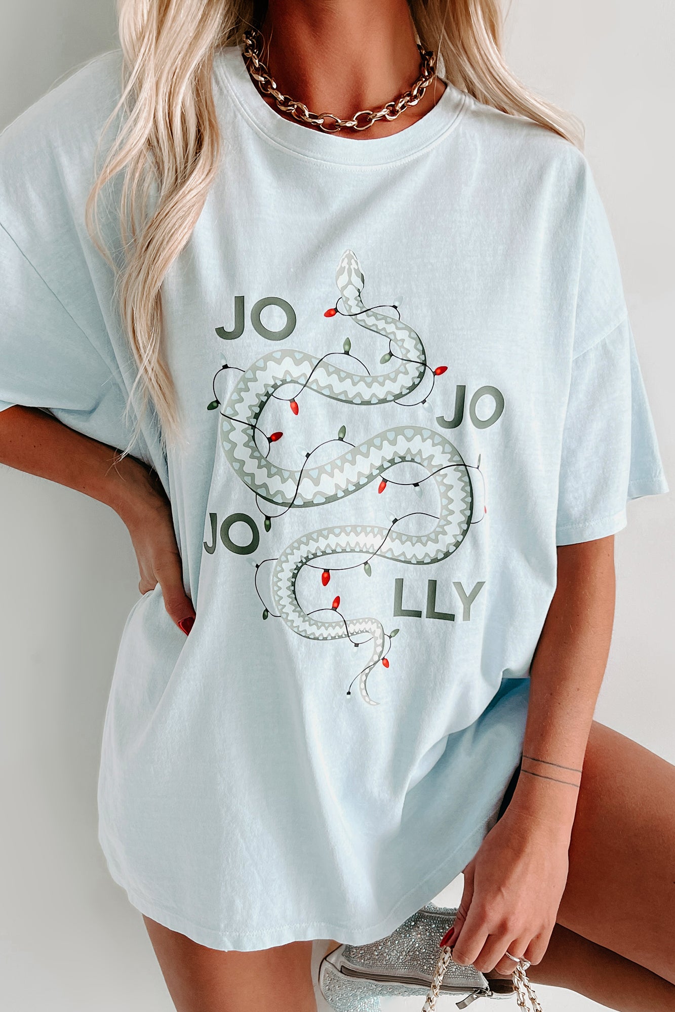 Doorbuster "Jolly" Oversized Christmas Snake Graphic T-Shirt (Arctic Blue) - Print On Demand - NanaMacs