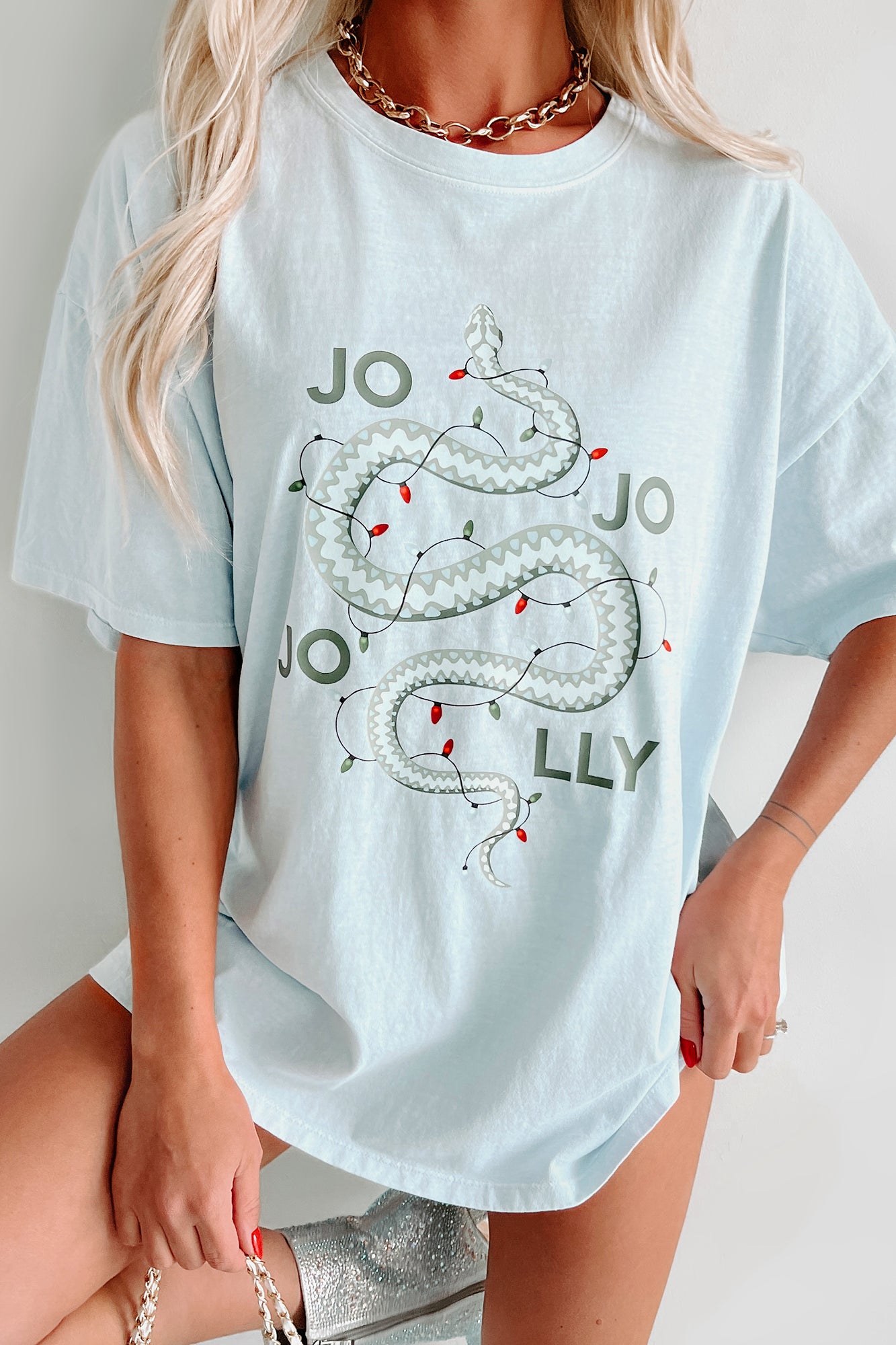 Doorbuster "Jolly" Oversized Christmas Snake Graphic T-Shirt (Arctic Blue) - Print On Demand - NanaMacs