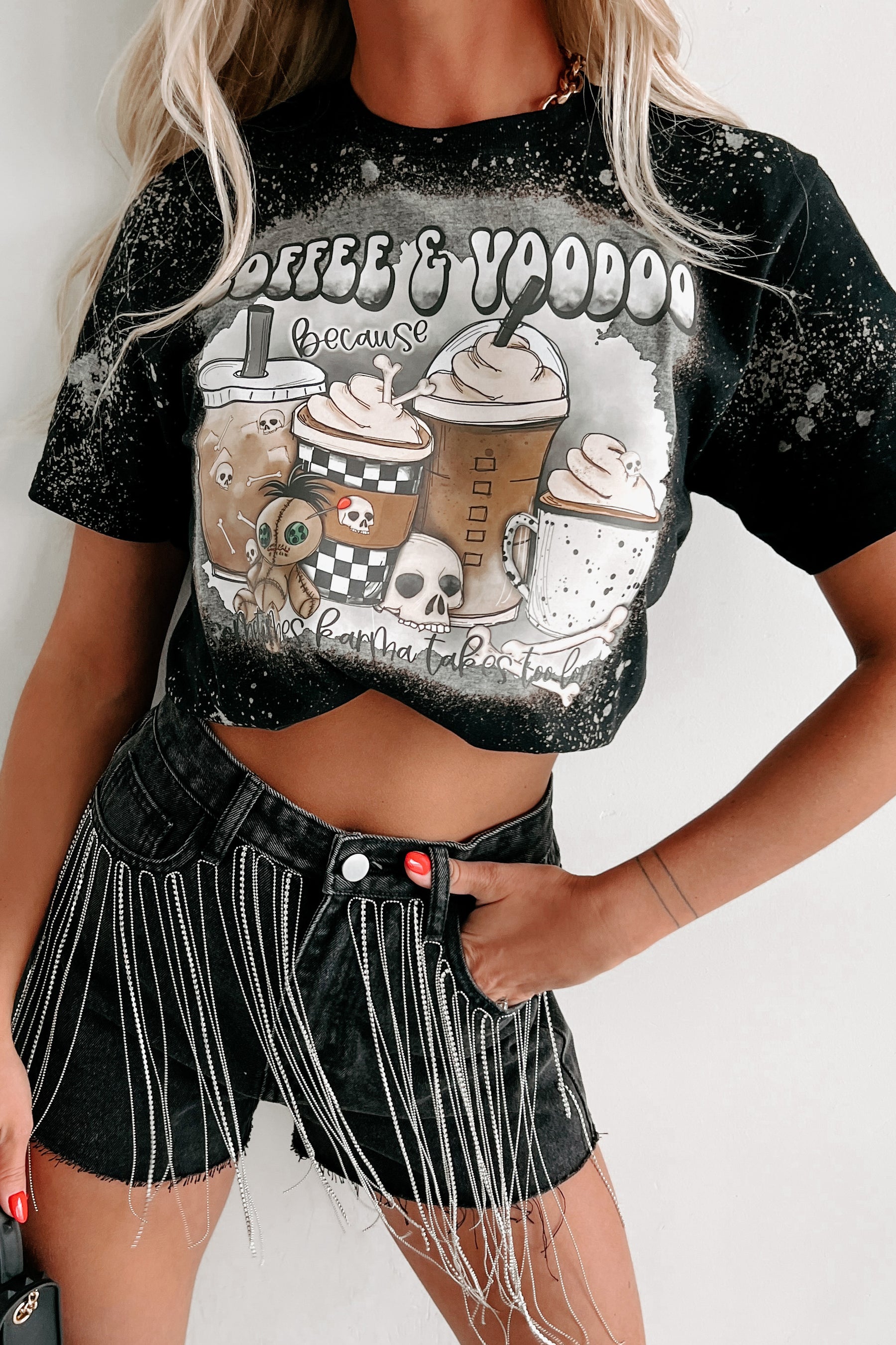 Doorbuster "Coffee & Voodoo" Bleached Graphic T-Shirt (Black) - Print On Demand - NanaMacs