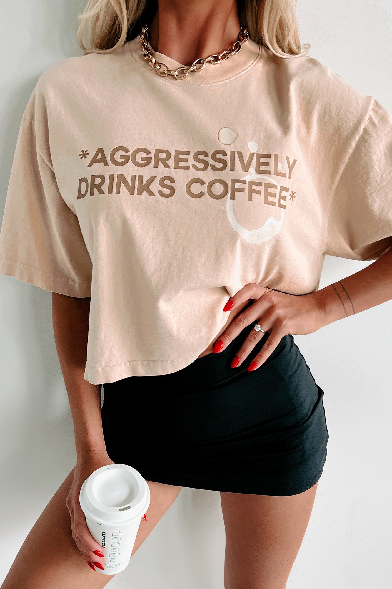 Doorbuster "Aggressively Drinks Coffee" Boxy Fit Graphic Crop Tee (Beige) - Print On Demand - NanaMacs