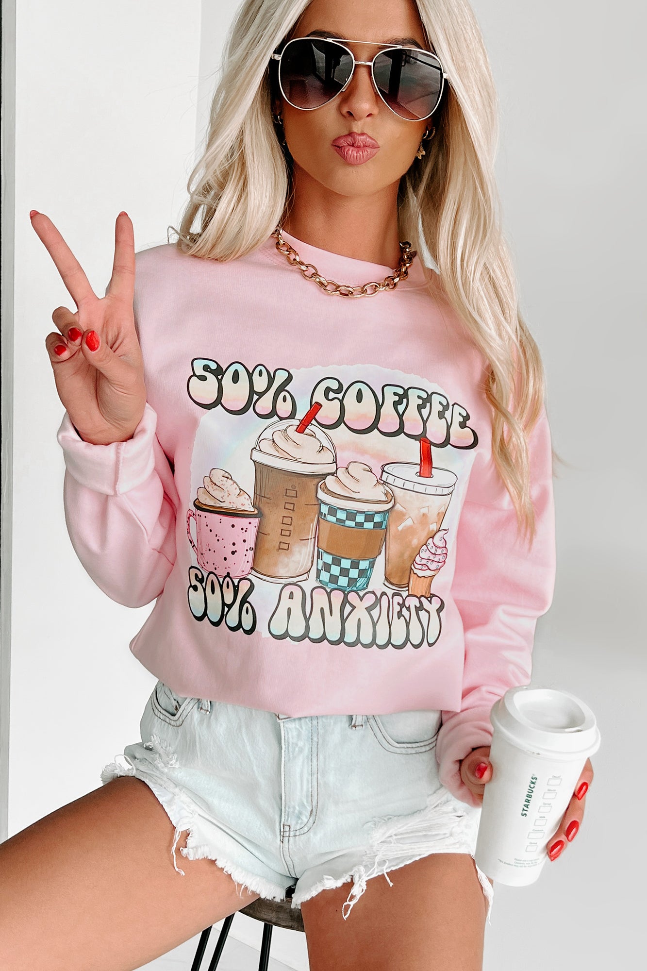 Doorbuster "50% Coffee, 50% Anxiety" Graphic Crewneck (Light Pink) - Print On Demand - NanaMacs