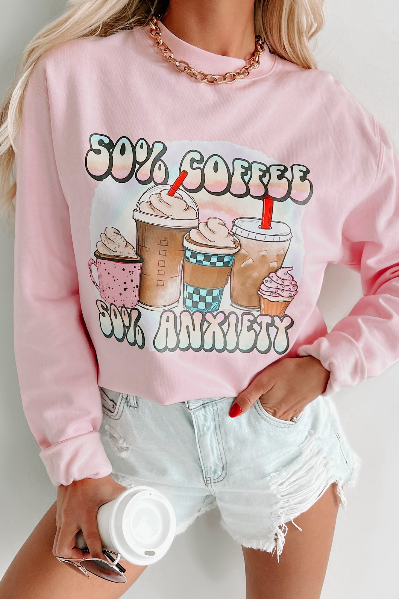 Doorbuster "50% Coffee, 50% Anxiety" Graphic Crewneck (Light Pink) - Print On Demand - NanaMacs