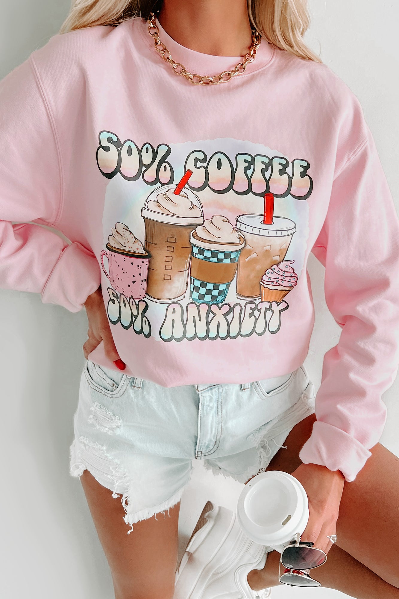 Doorbuster "50% Coffee, 50% Anxiety" Graphic Crewneck (Light Pink) - Print On Demand - NanaMacs