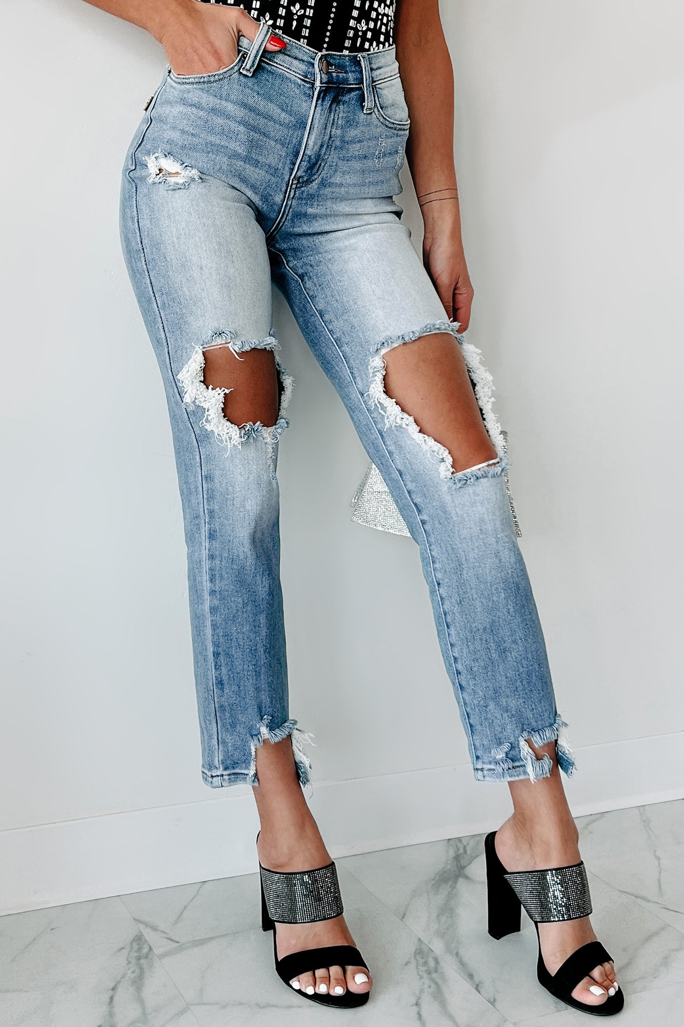 Fate Will Decide Low Rise Distressed Straight Leg Jeans (Medium Stone)