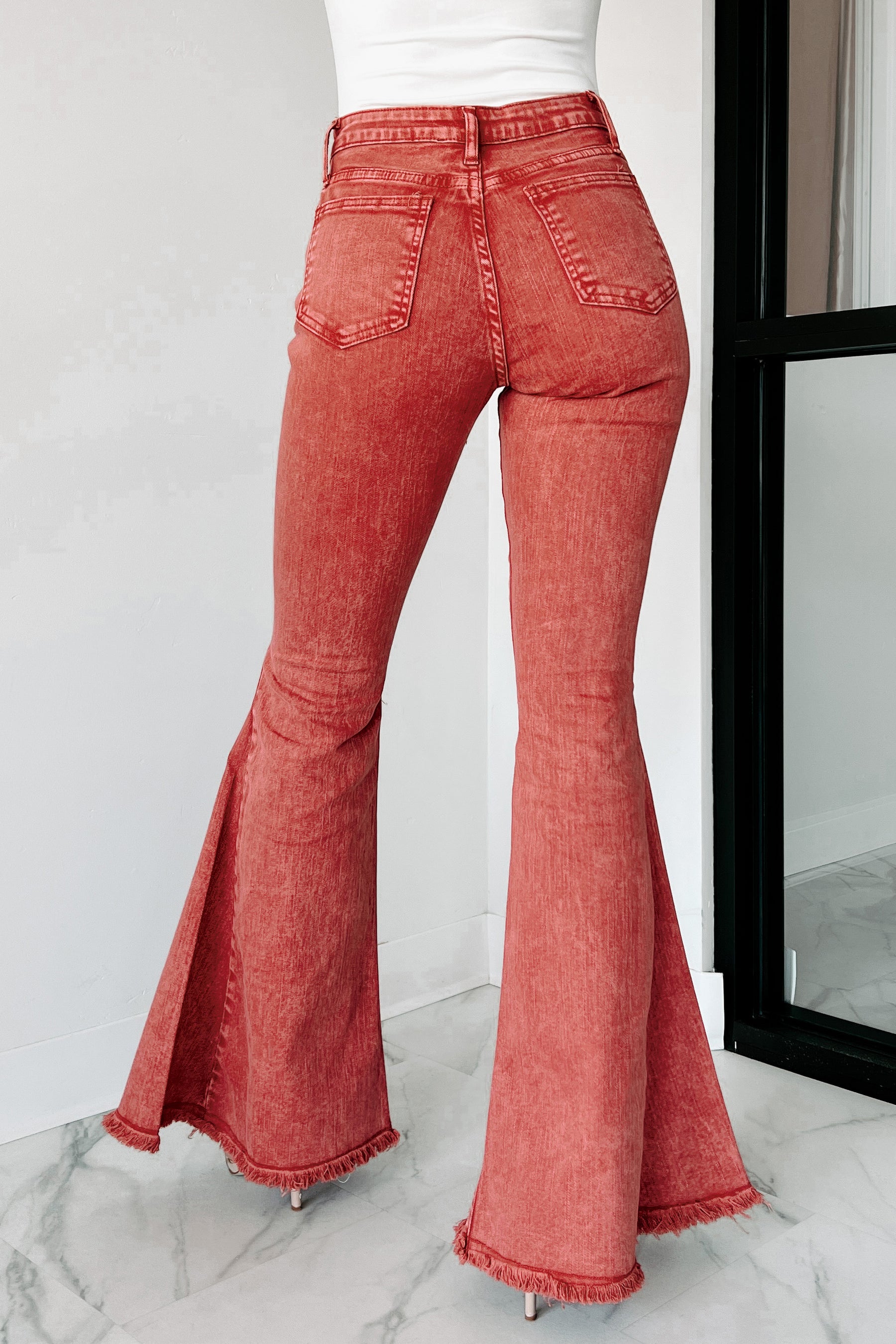 My Own Time Mid-Rise Bell Bottom Flare Jeans (Brick Red) - NanaMacs