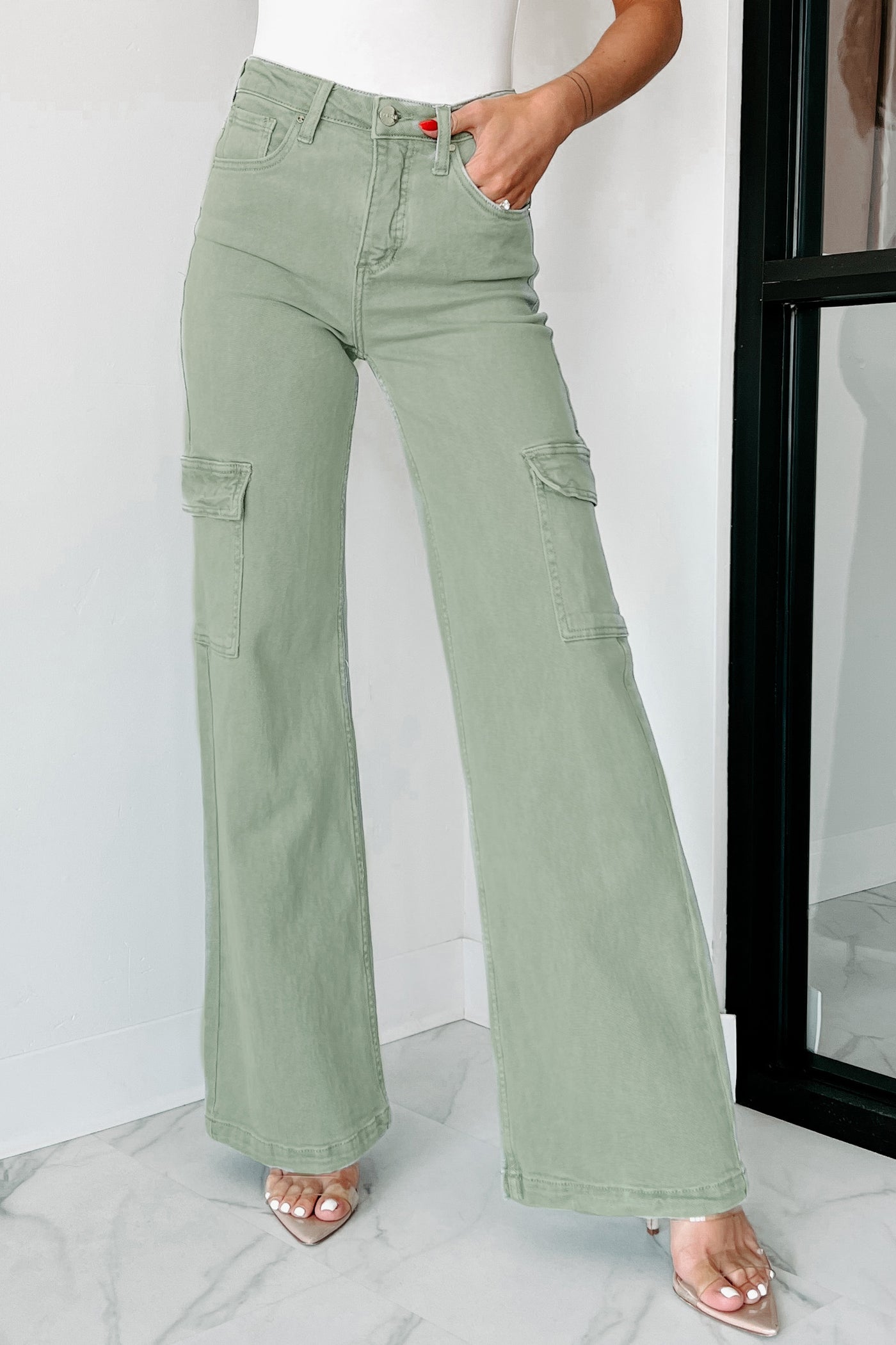 Claire Mid Rise Cargo Wide Leg Risen Jeans - Olive Rose Boutique