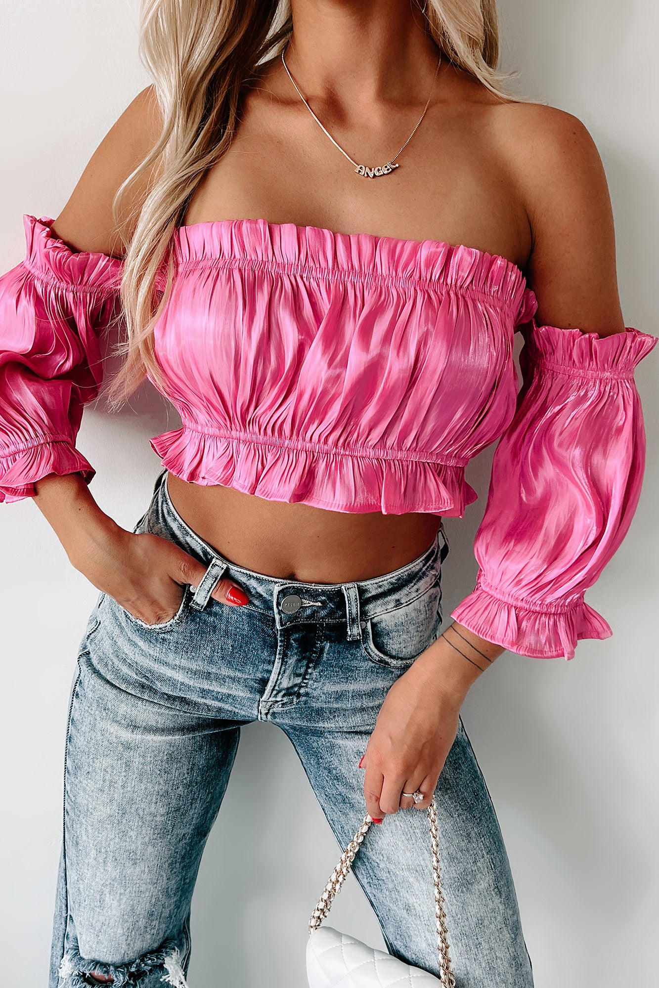 A Date With Fate Off The Shoulder Pleated Crop Top (Pink) - NanaMacs
