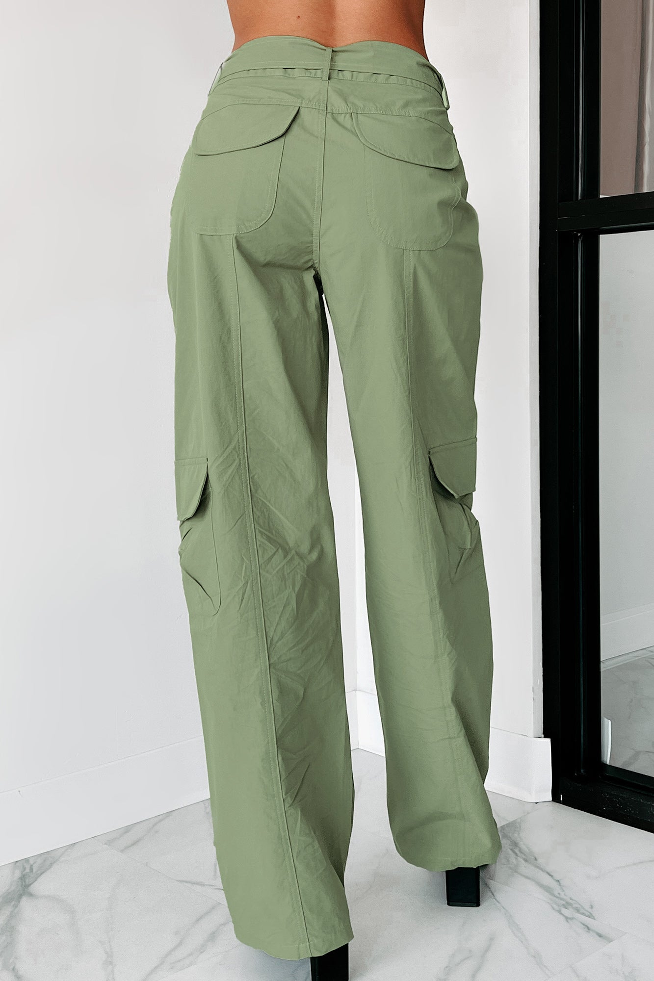 Olive Cotton Pants - High-Waist Cargo Pants - Straight Leg Pants
