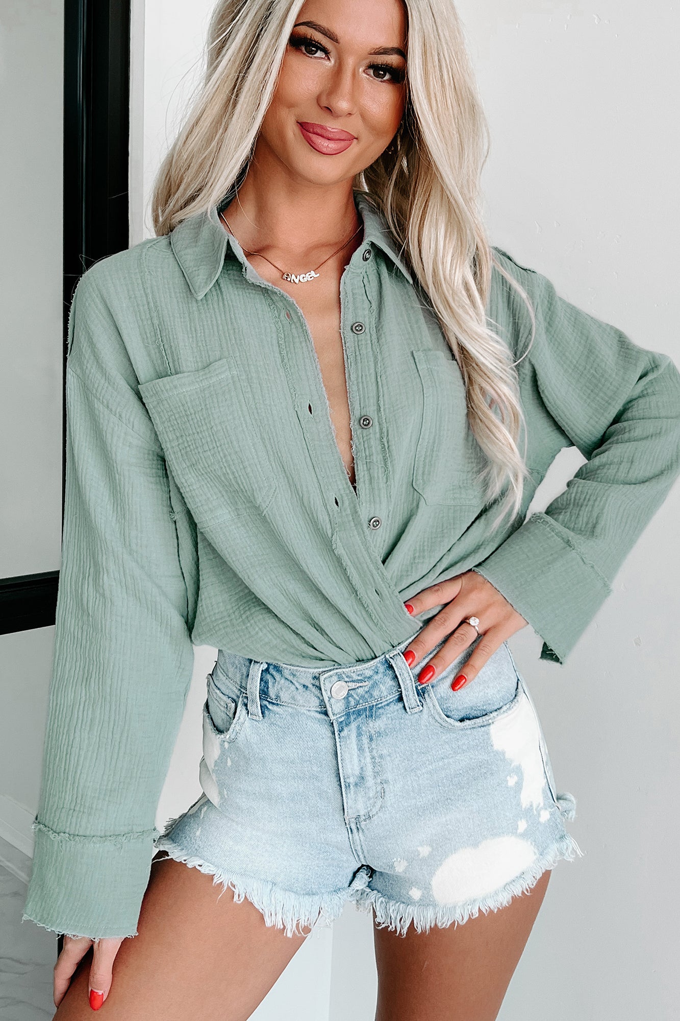 Holding My Ground Long Sleeve Textured Button-Down Top (Green) - NanaMacs