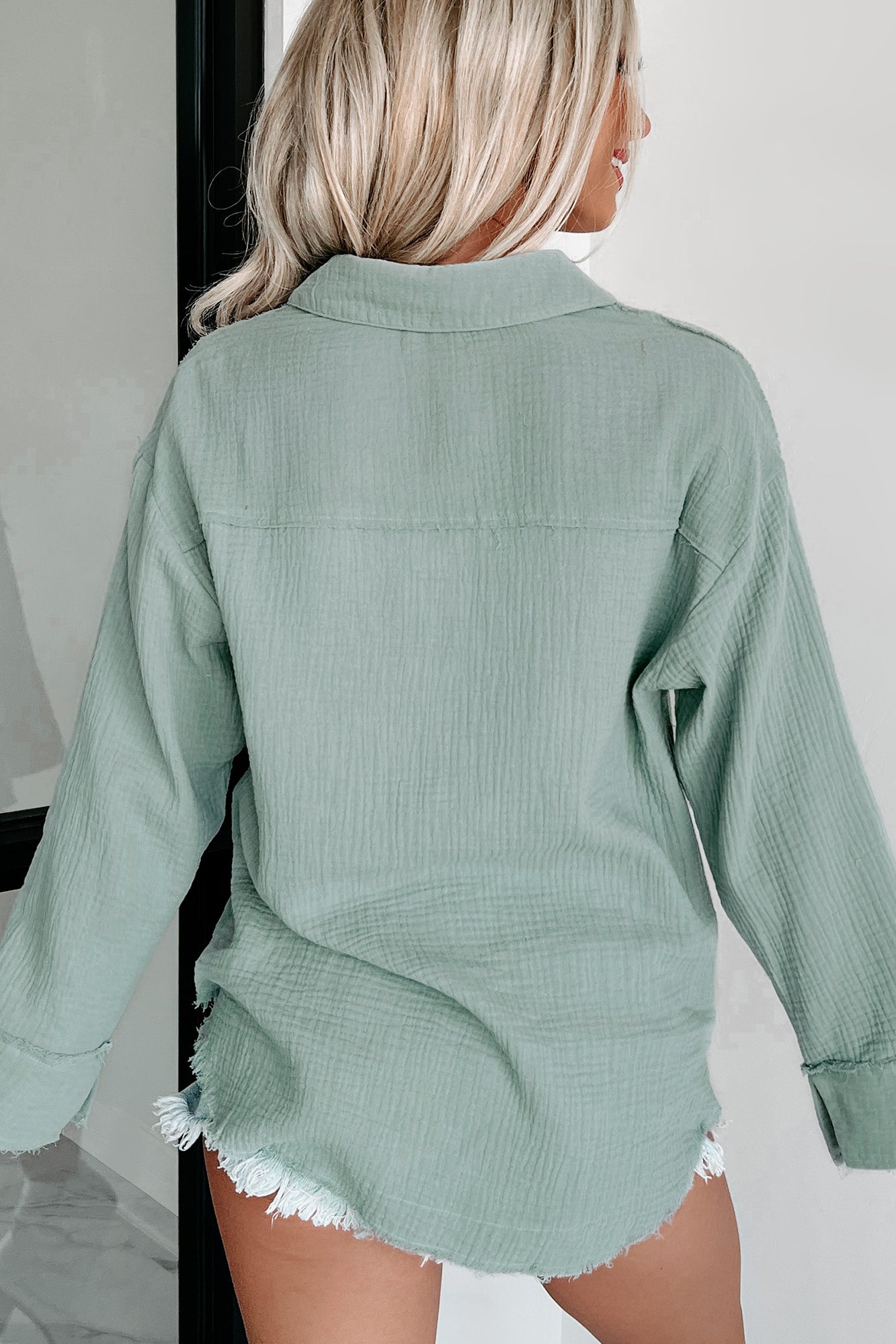Holding My Ground Long Sleeve Textured Button-Down Top (Green) - NanaMacs