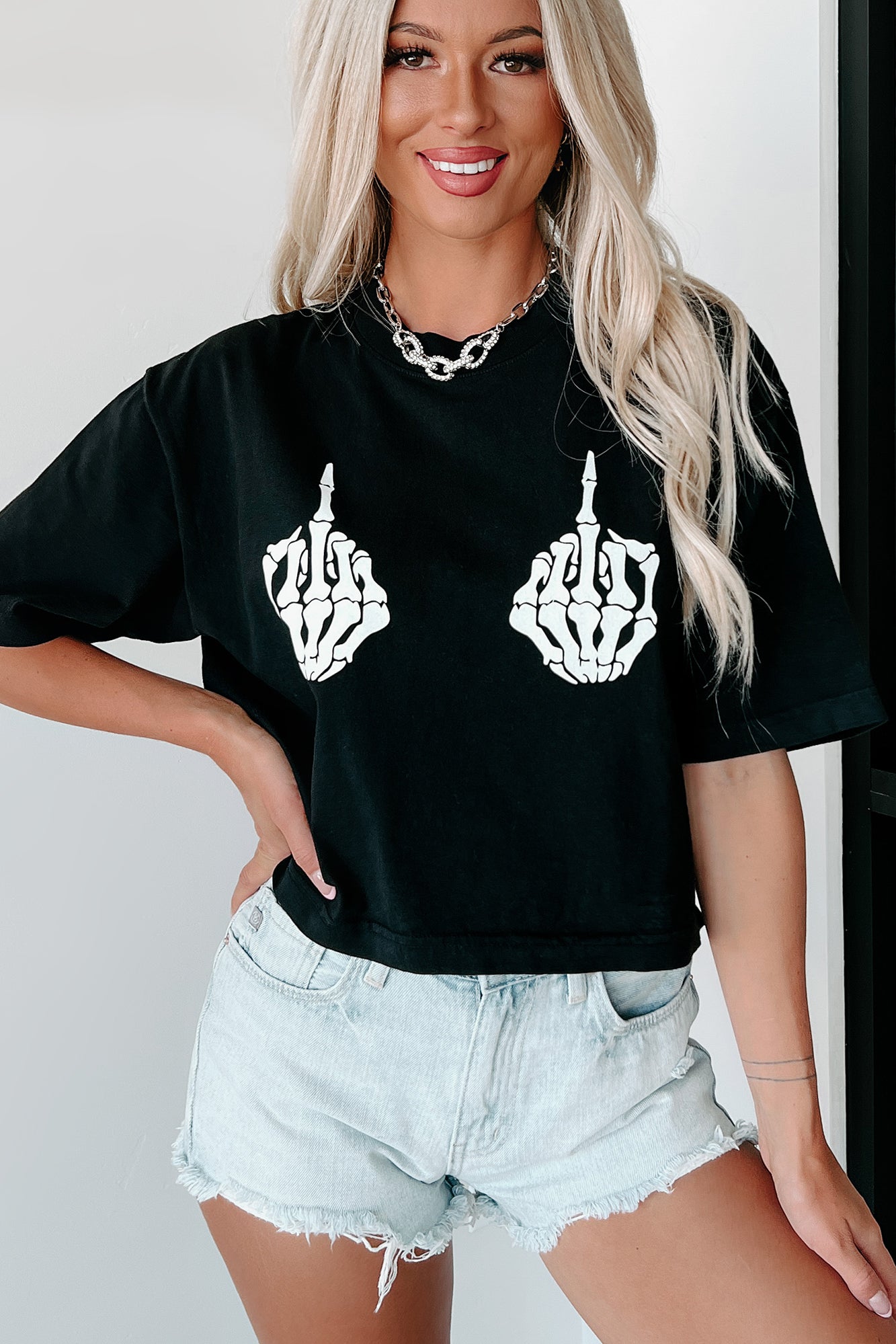 Fingers To The Sky Glow In The Dark Oversized Graphic Crop Tee (Black) - Print On Demand - NanaMacs