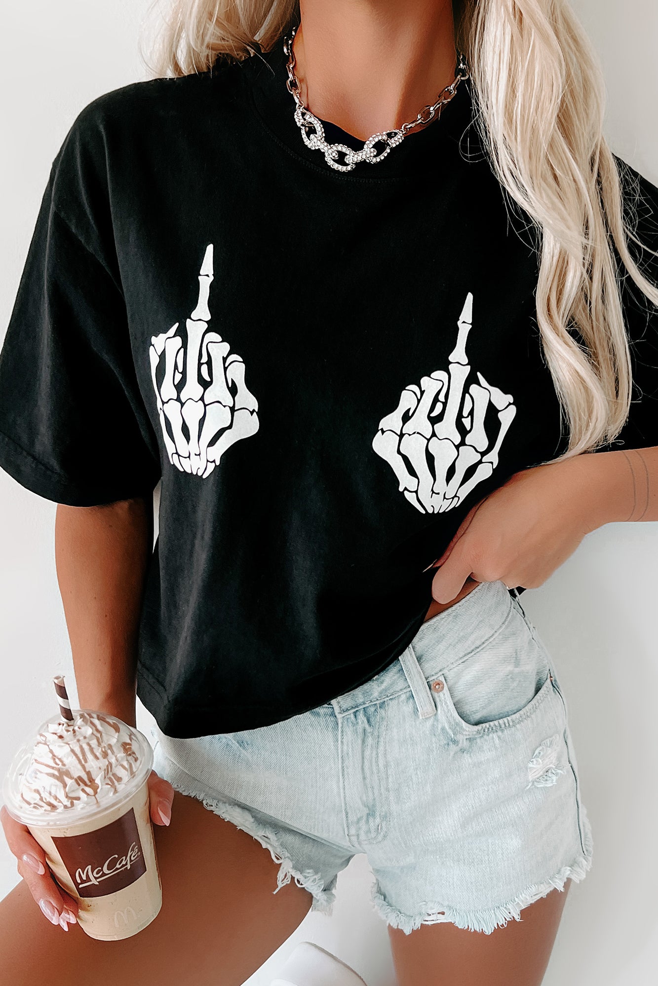 Fingers To The Sky Glow In The Dark Oversized Graphic Crop Tee (Black) - Print On Demand - NanaMacs