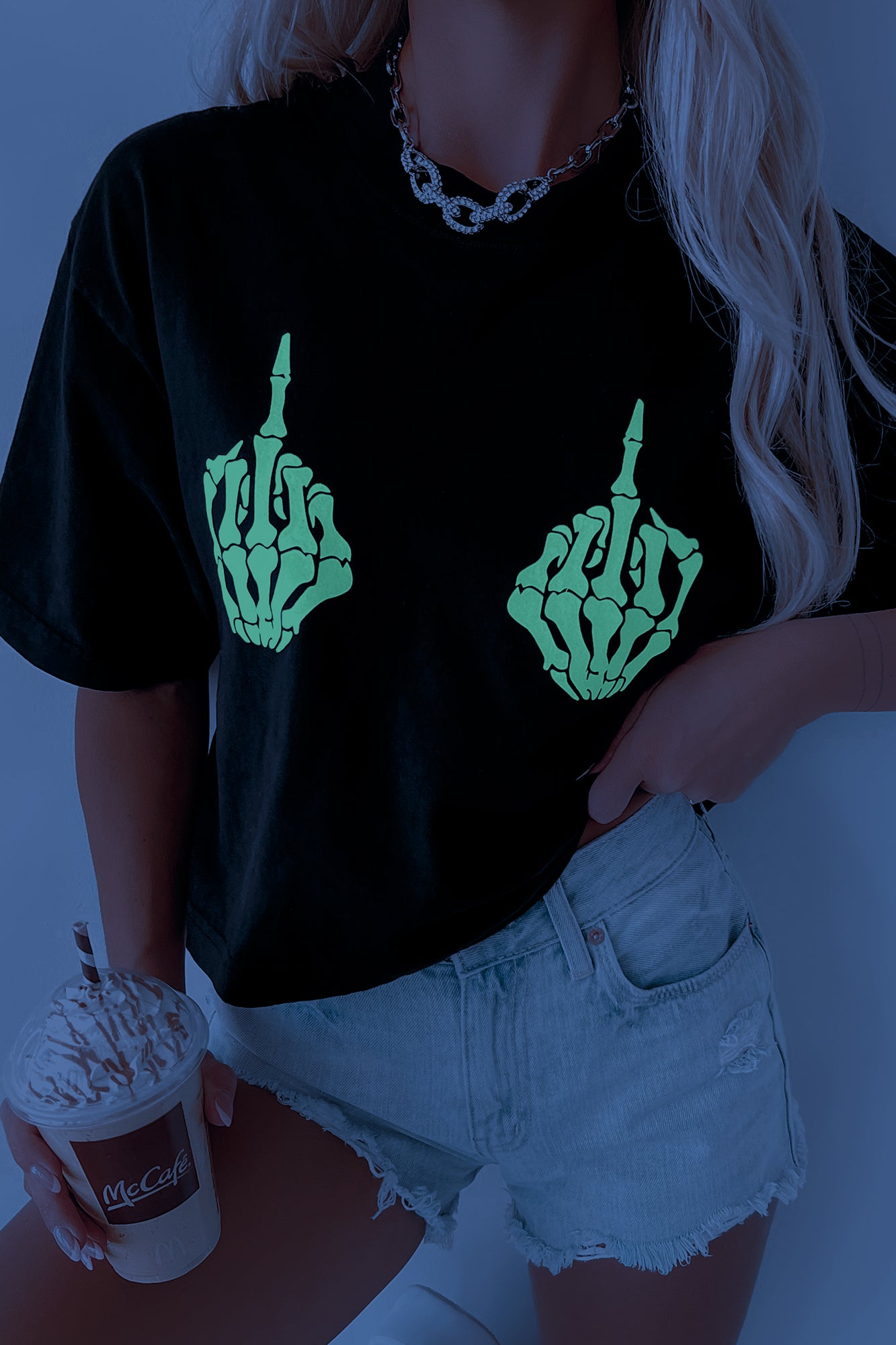 Fingers To The Sky Glow In The Dark Oversized Graphic Crop Tee (Black) - Print On Demand - NanaMacs