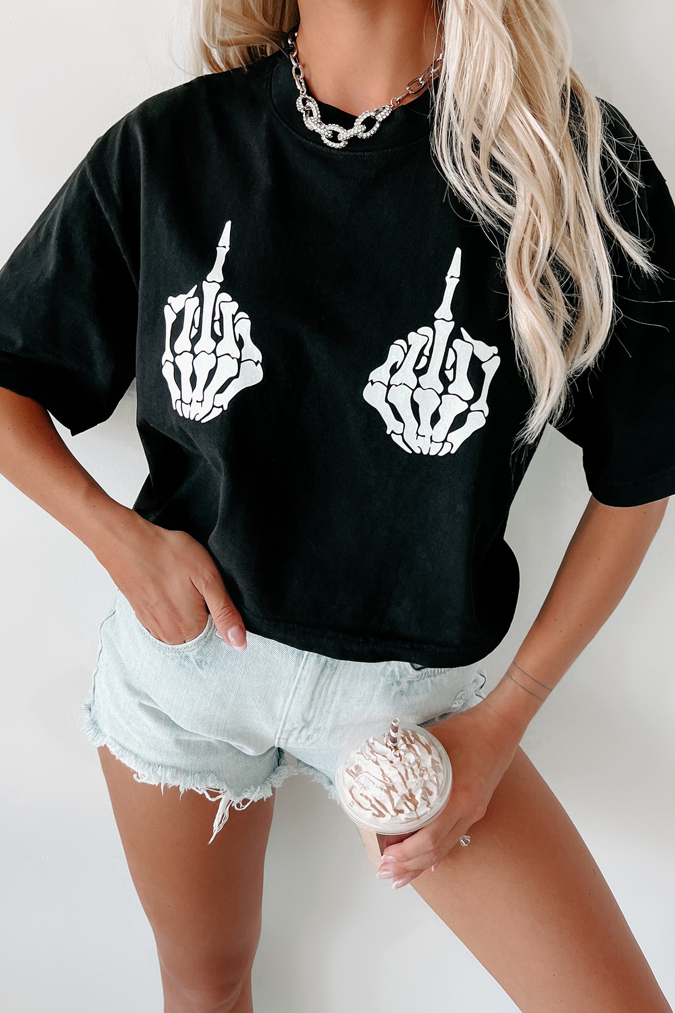 Fingers To The Sky Glow In The Dark Oversized Graphic Crop Tee (Black) - Print On Demand - NanaMacs