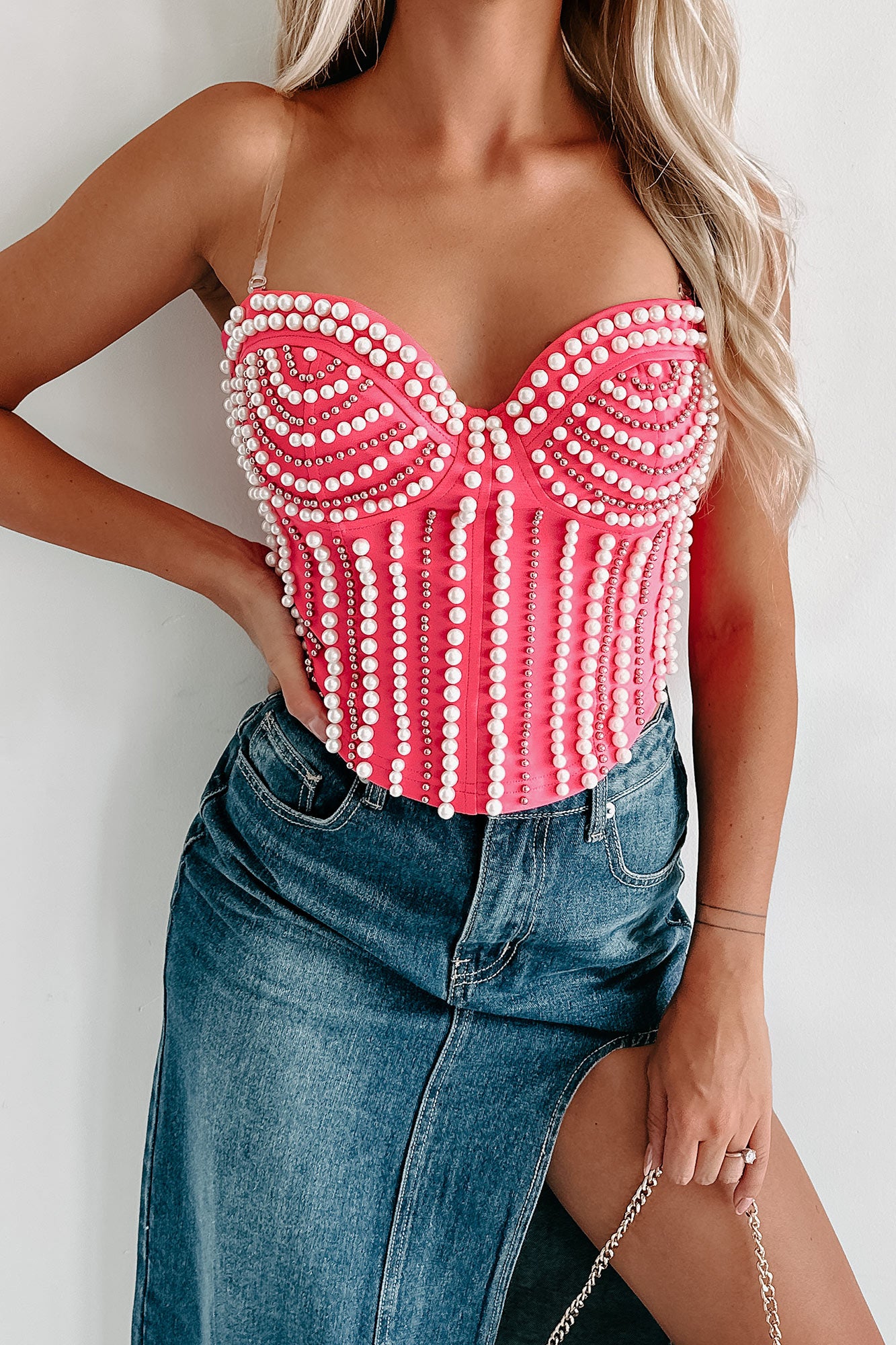 Pass The Bubbly Beaded Pearl Crop Top (Pink) - NanaMacs