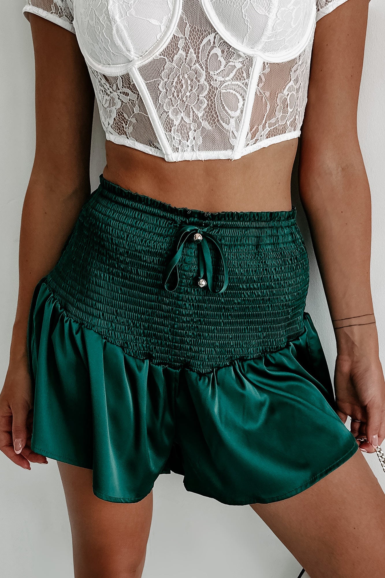 Chic Comfort Smocked Satin Shorts (Green) - NanaMacs