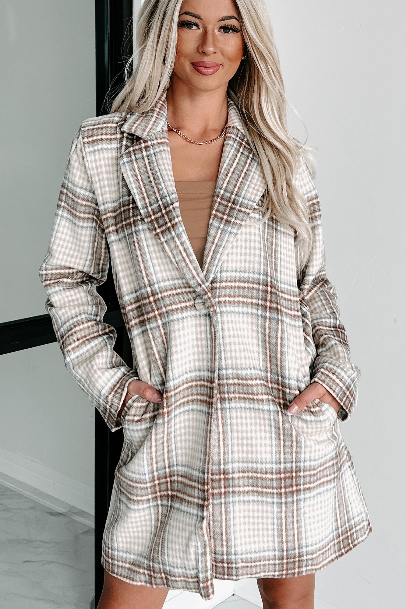 Moves Ahead Plaid Coat (Tan/Brown/Denim) - NanaMacs