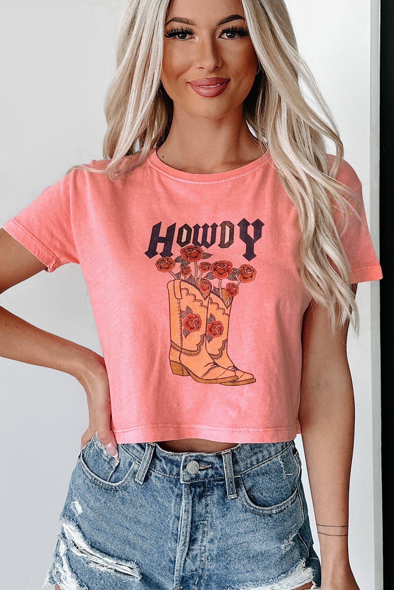 Show Me Your Boots Oversized Graphic Crop Tee (Coral) - NanaMacs