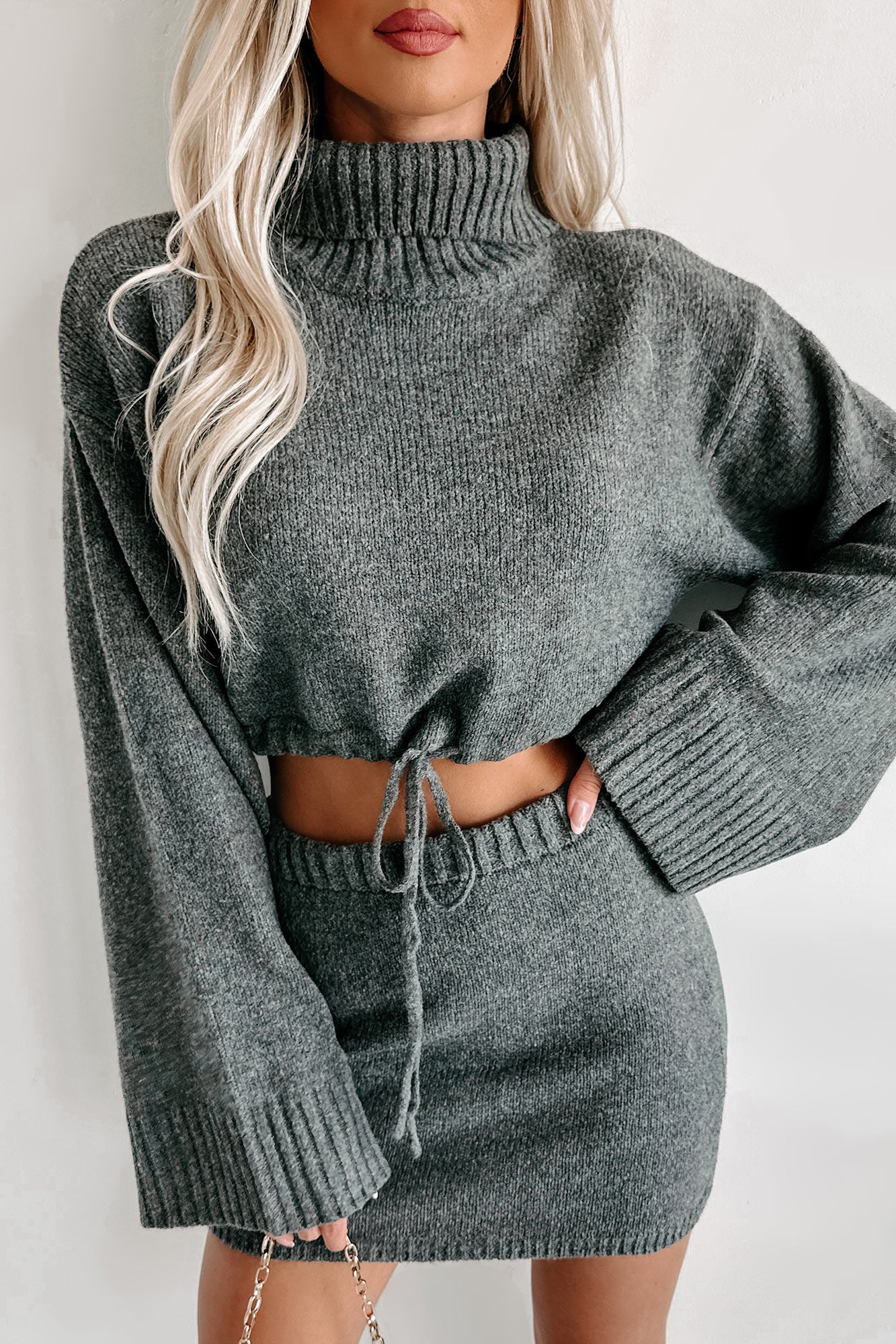 Change In The Weather Sweater Knit Crop Top & Skirt Set (Charcoal) - NanaMacs