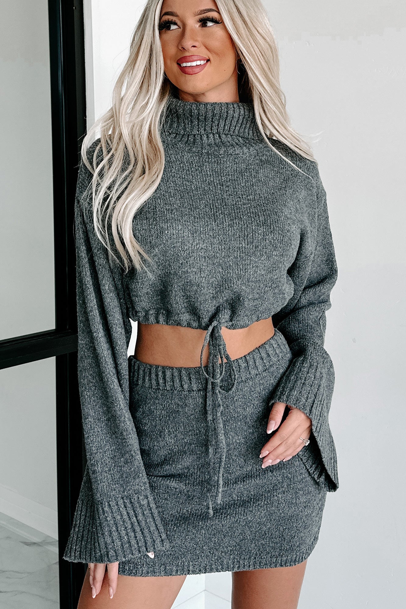 Change In The Weather Sweater Knit Crop Top & Skirt Set (Charcoal ...