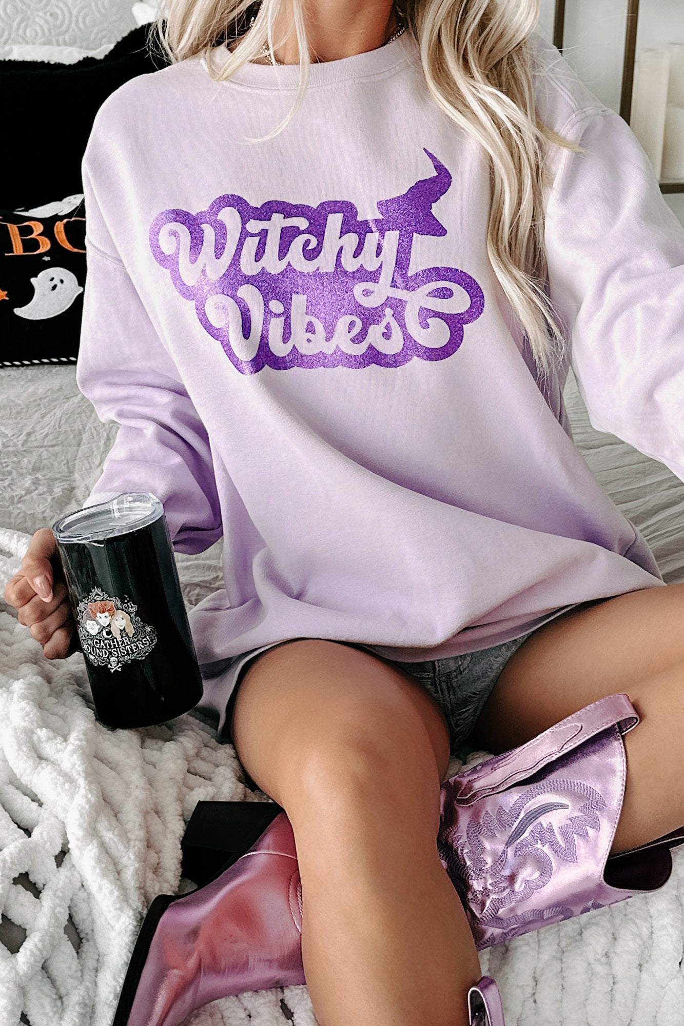 "Witchy Vibes" Glitter Graphic Crewneck (Orchid) - Print On Demand - NanaMacs