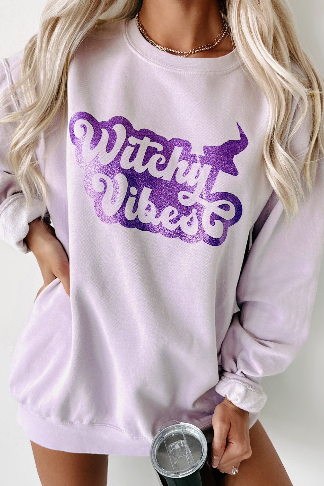 "Witchy Vibes" Glitter Graphic Crewneck (Orchid) - Print On Demand - NanaMacs