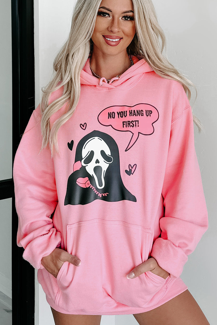 "You Hang Up First" Graphic Hoodie (Candy Pink) - Print on Demand - NanaMacs