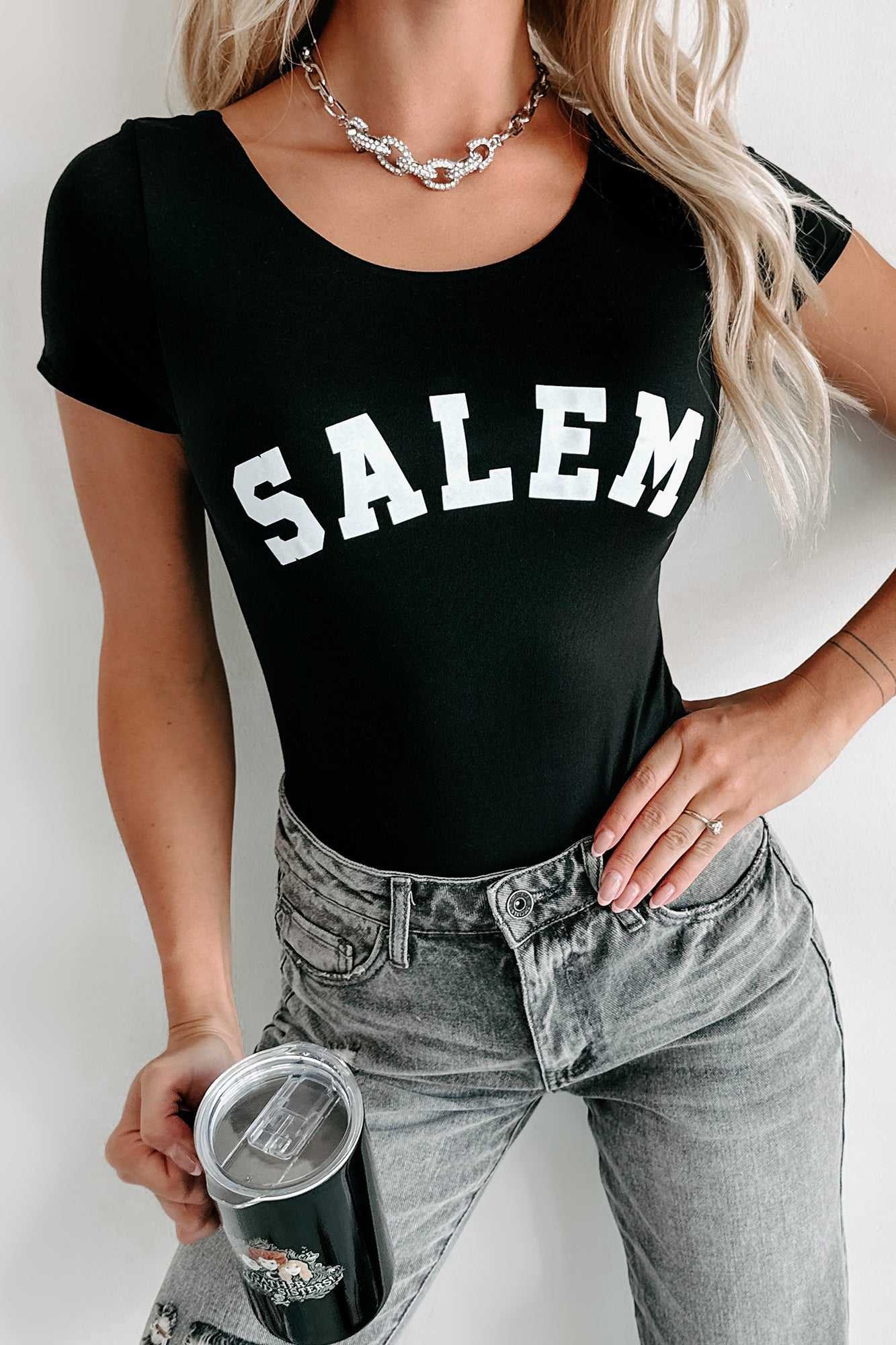 Salem Secrets Scoop Back Graphic Bodysuit (Black) Print On Demand - NanaMacs