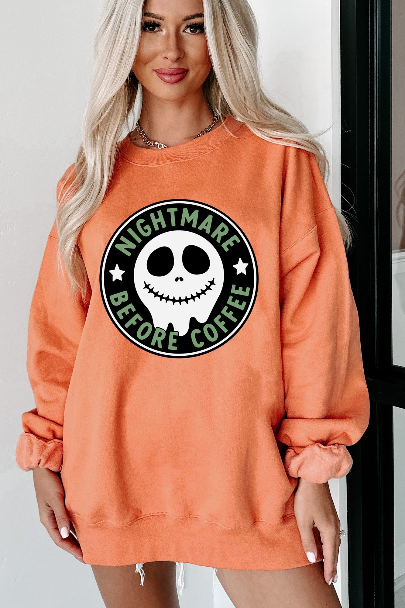 "Before Coffee" Parody Graphic Crewneck (Pumpkin) - Print On Demand - NanaMacs