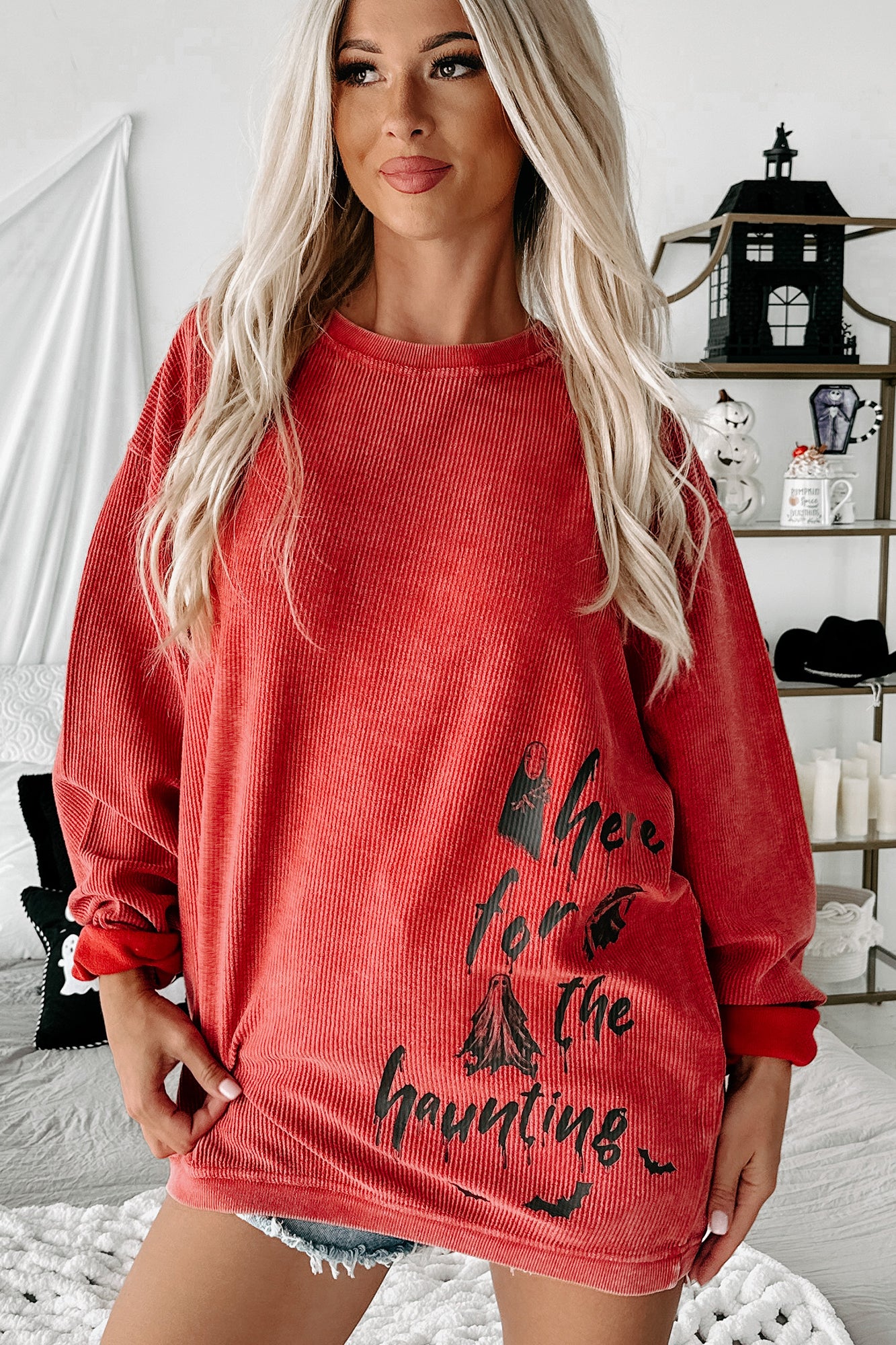 "Here For The Haunting" Corded Graphic Crewneck (Red) - Print On Demand - NanaMacs