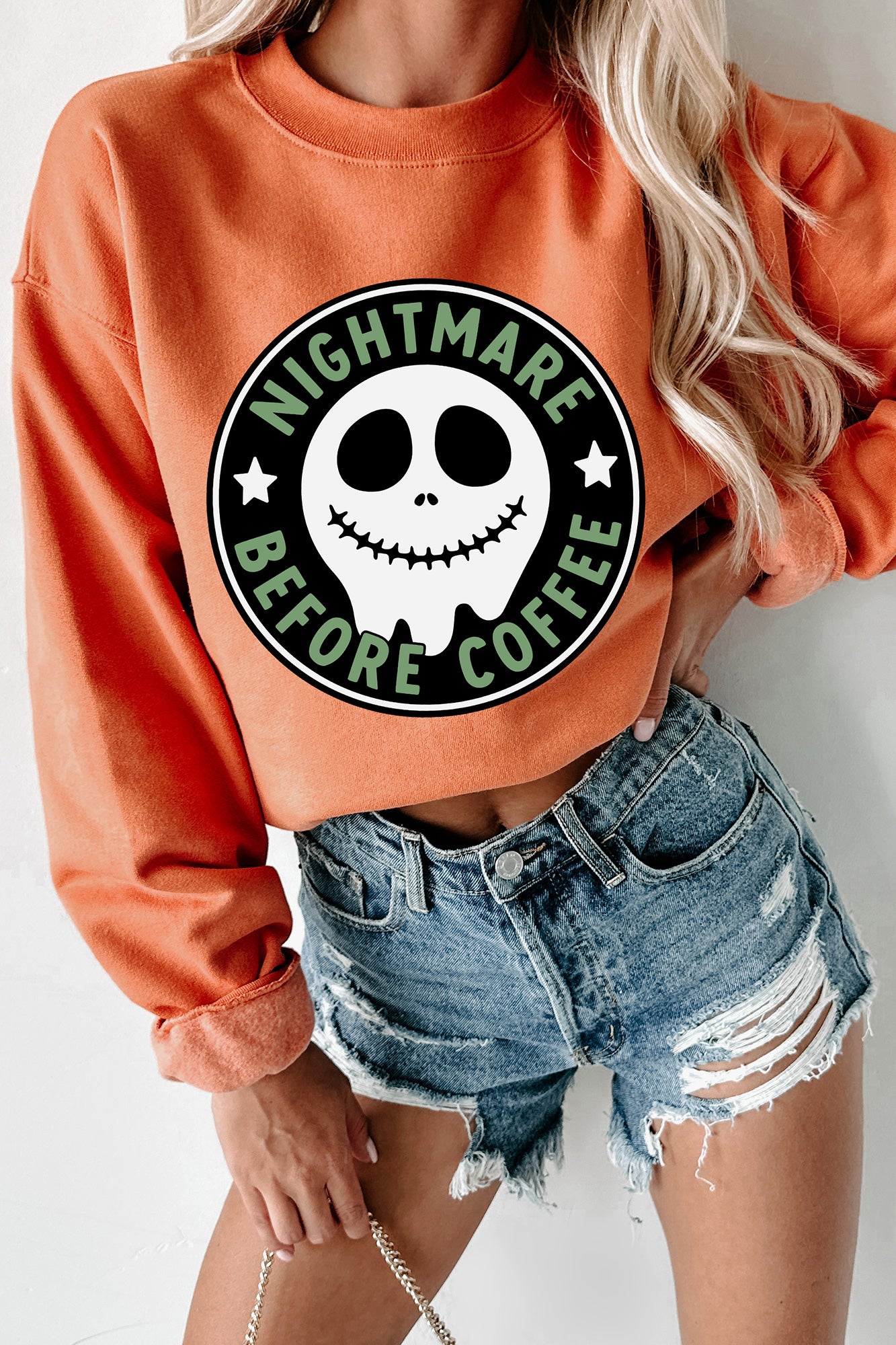 "Before Coffee" Parody Graphic Crewneck (Pumpkin) - Print On Demand - NanaMacs