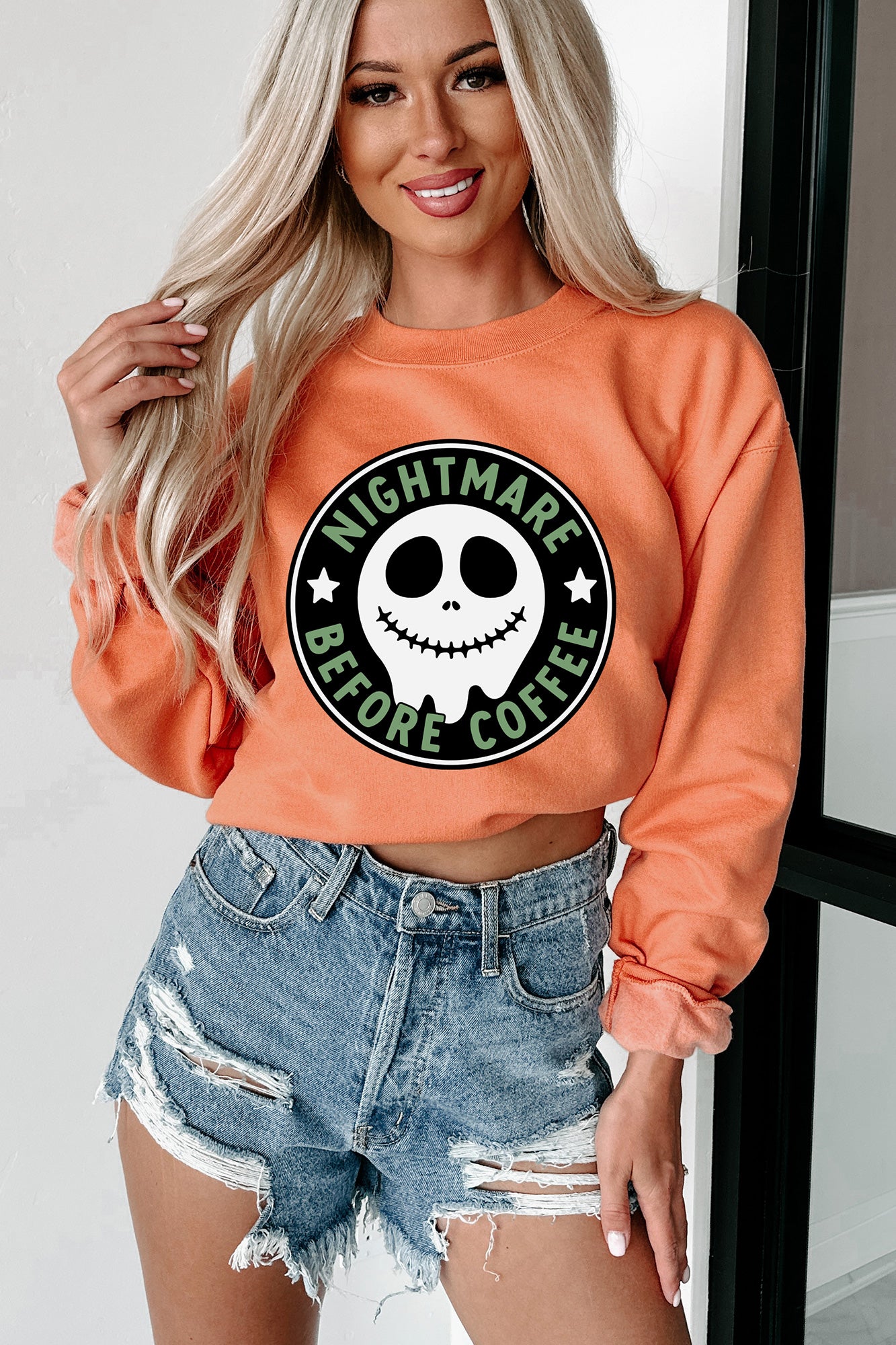 "Before Coffee" Parody Graphic Crewneck (Pumpkin) - Print On Demand - NanaMacs