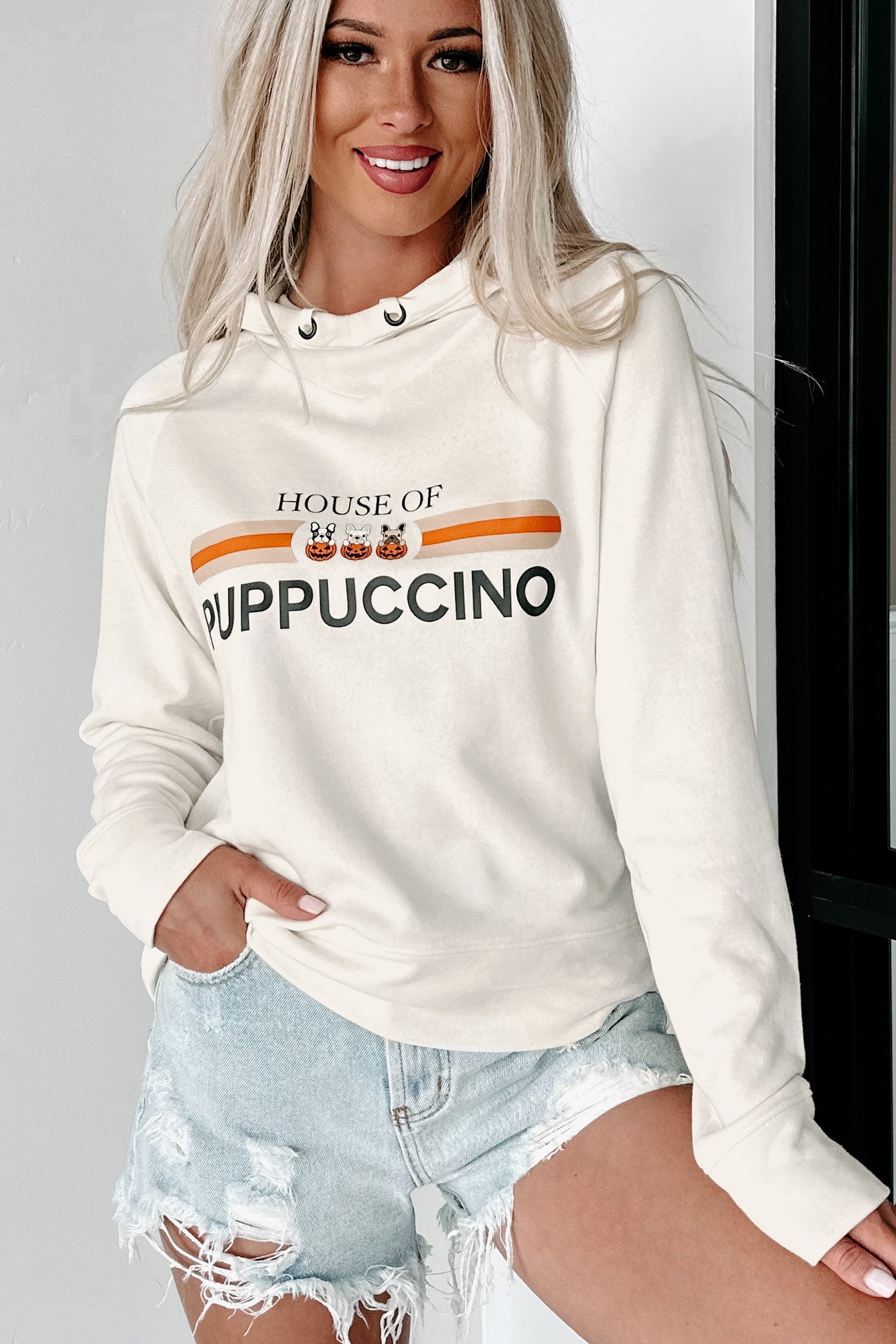 "House Of Puppuccino" Cowl Neck Graphic Hoodie (Ecru) - Print On Demand - NanaMacs