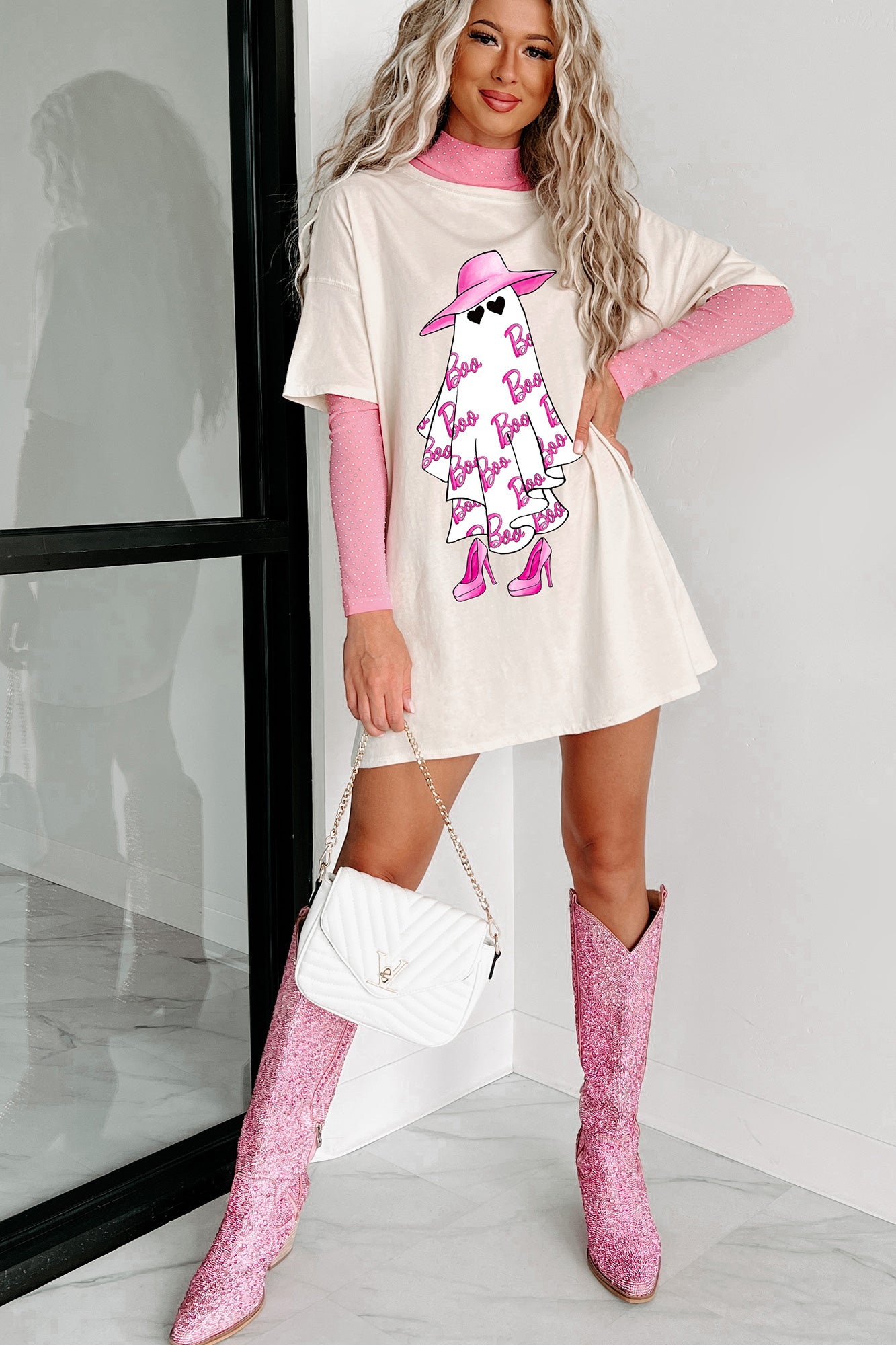 Girly Ghost Oversized Graphic T-Shirt Dress (Vanilla) - Print On Demand - NanaMacs