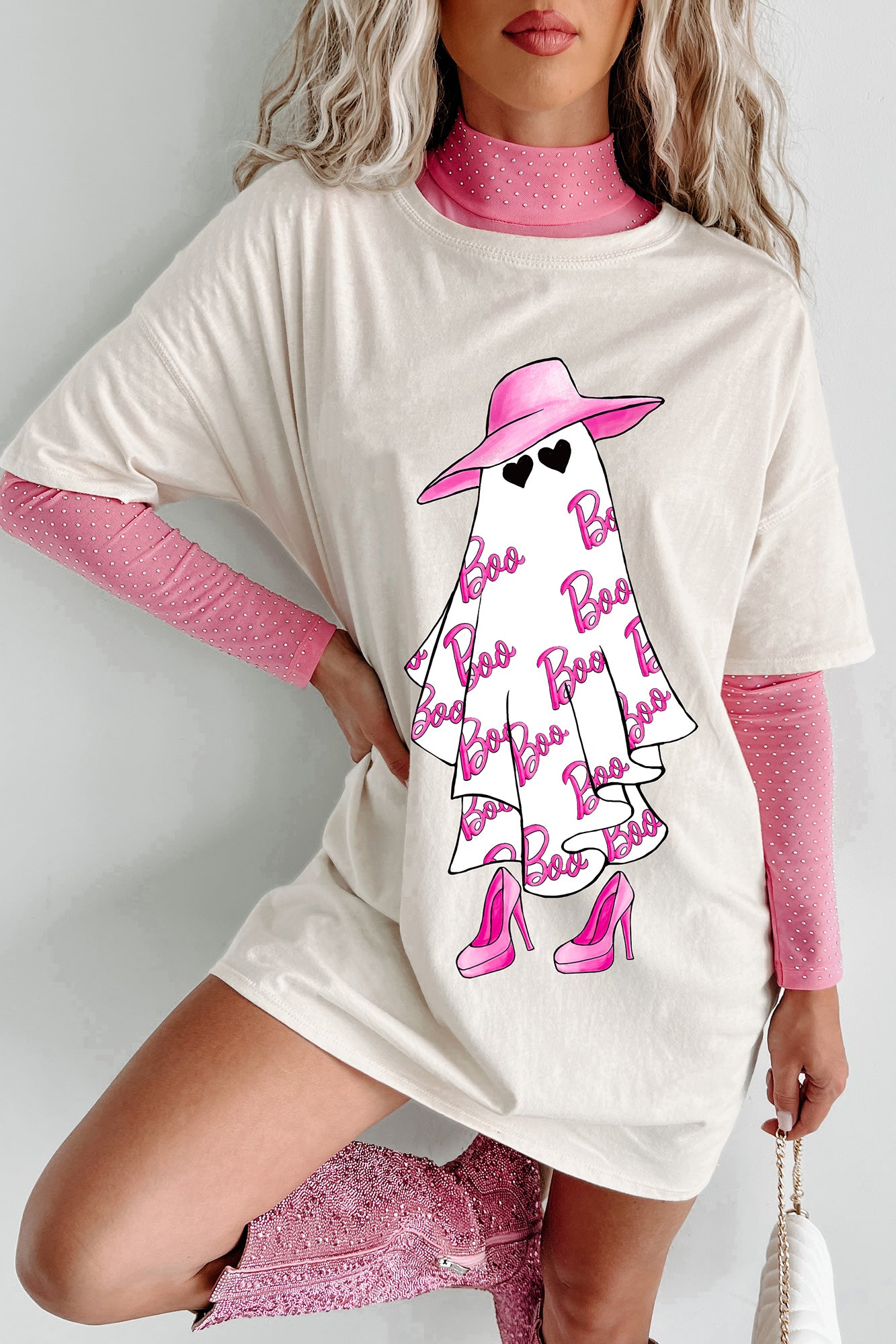 Girly Ghost Oversized Graphic T-Shirt Dress (Vanilla) - Print On Demand - NanaMacs