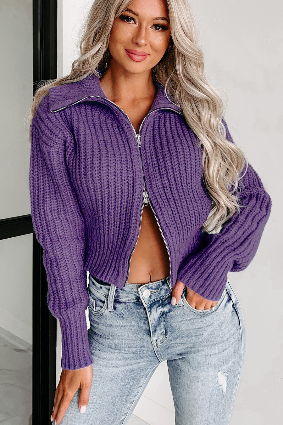 Taking The Leap Double-Zip Crop Sweater (Purple) - NanaMacs