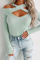 It's Complicated Cold Shoulder Ribbed Criss-Cross Top (Sage) - NanaMacs