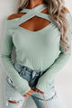 It's Complicated Cold Shoulder Ribbed Criss-Cross Top (Sage) - NanaMacs