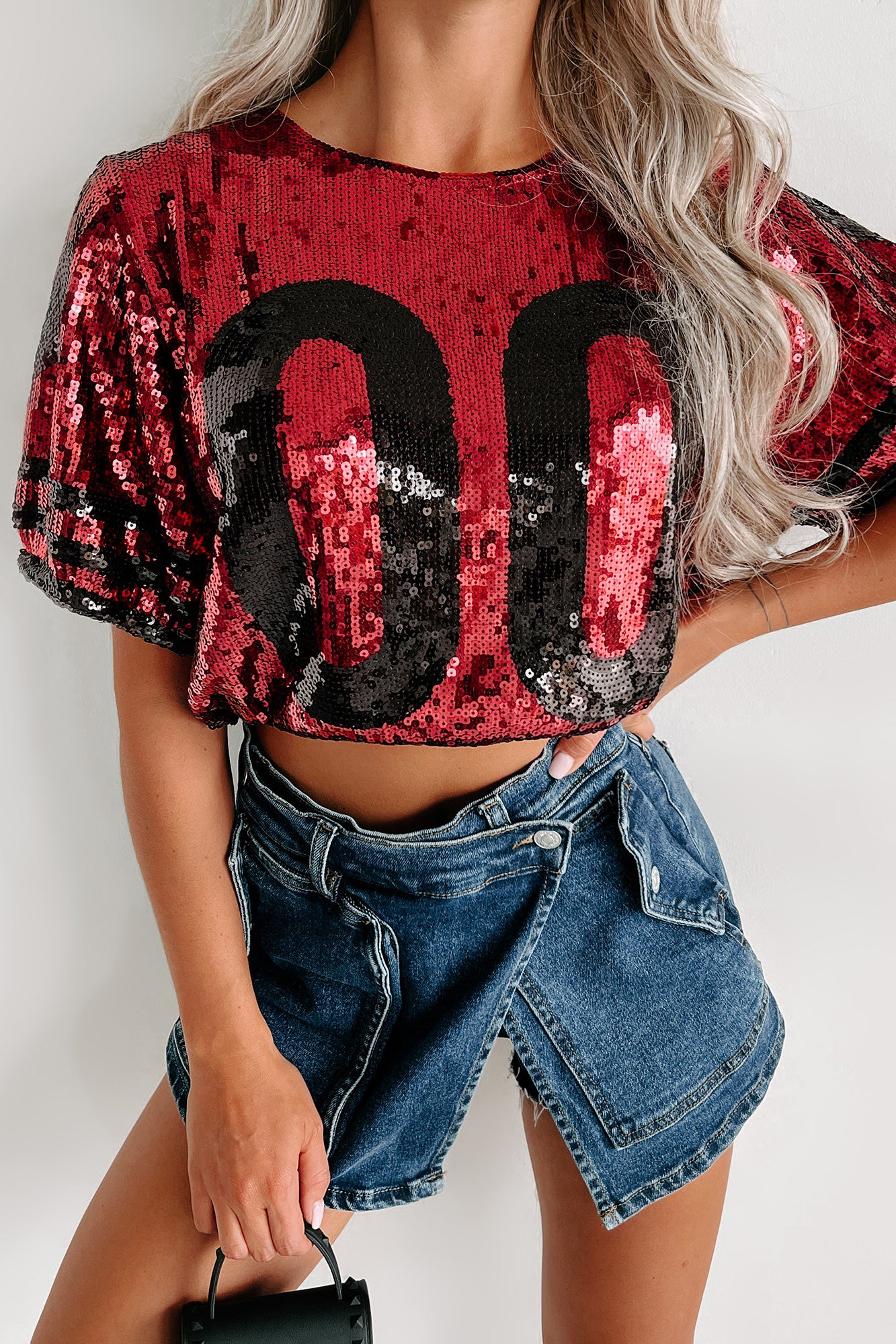 All About My Team Sequin Crop Top (Crimson/Black) - NanaMacs