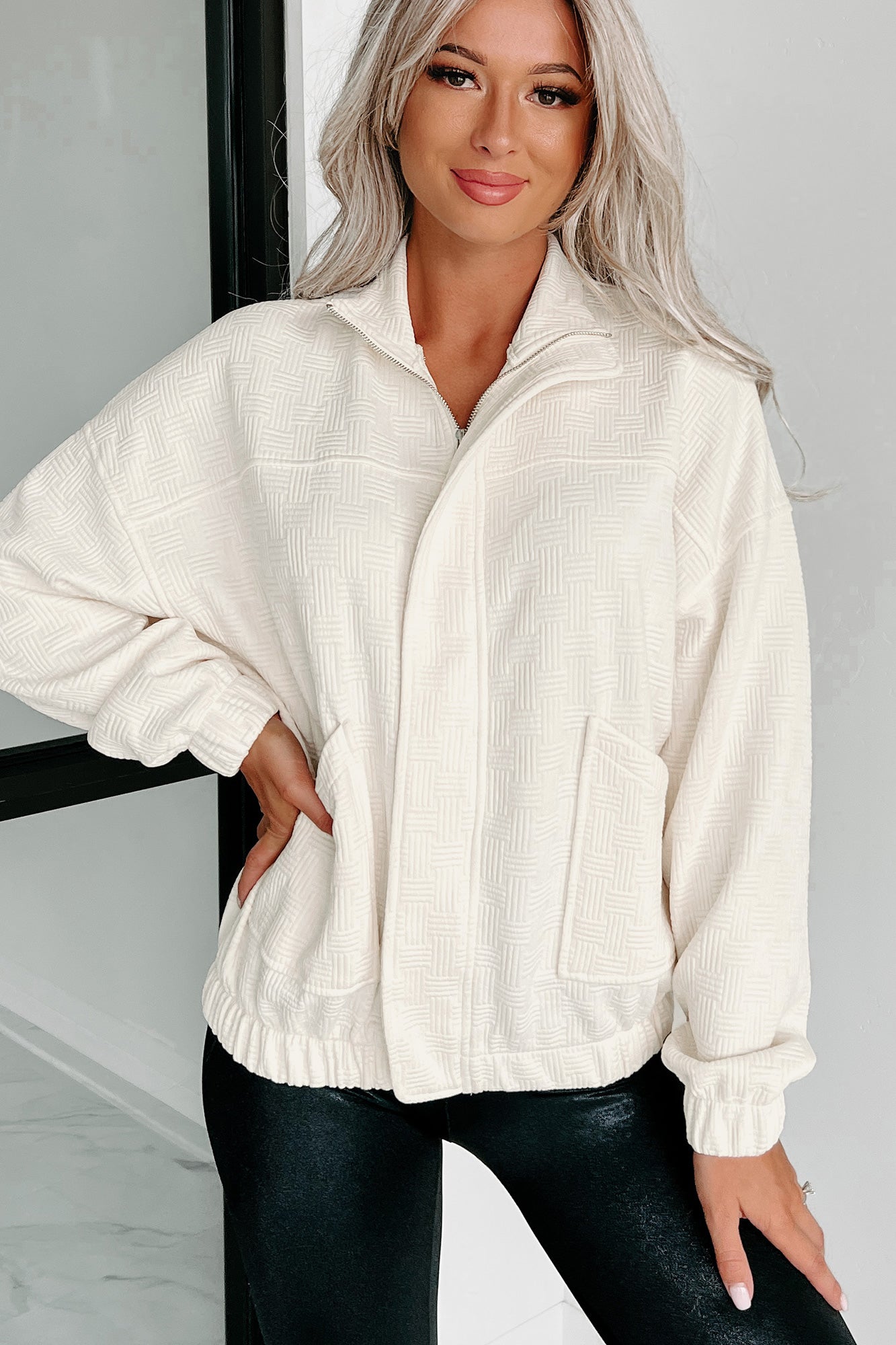 Exceptionally Chill Textured Zip-Up Jacket (Off White) - NanaMacs