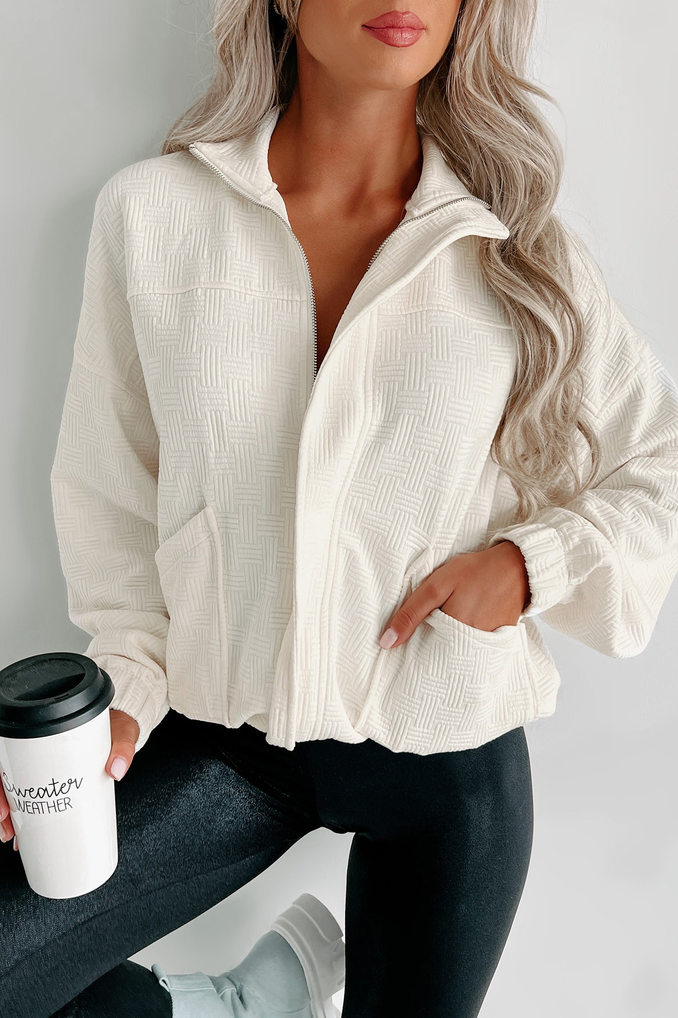 Exceptionally Chill Textured Zip-Up Jacket (Off White) - NanaMacs