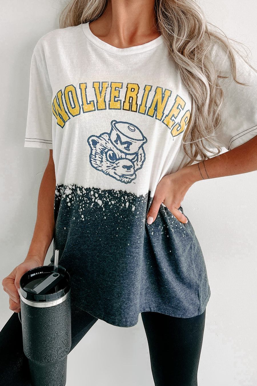 "Wolverines" Bleached Dyed Graphic T-Shirt (White/Charcoal Grey) - NanaMacs