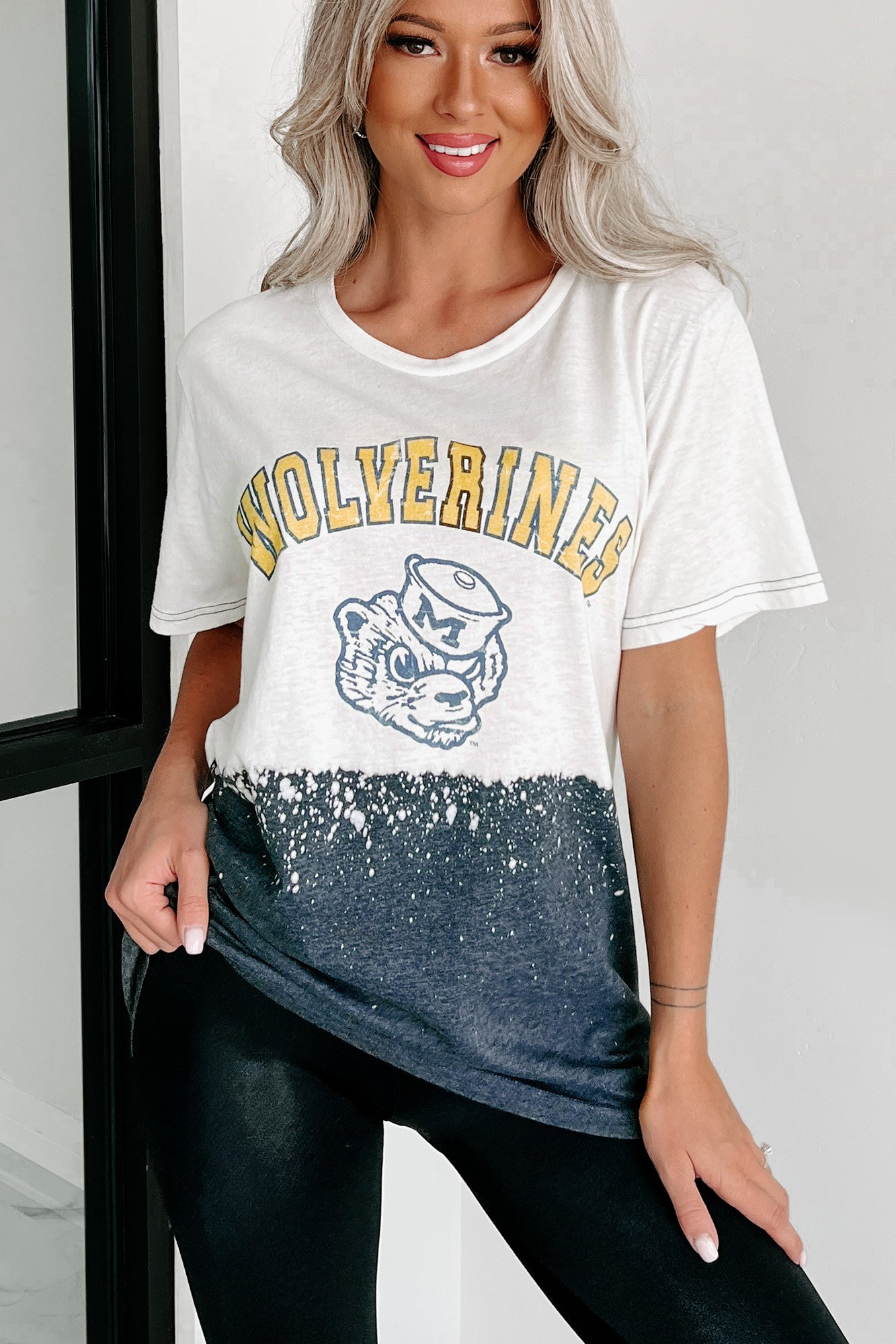 "Wolverines" Bleached Dyed Graphic T-Shirt (White/Charcoal Grey) - NanaMacs