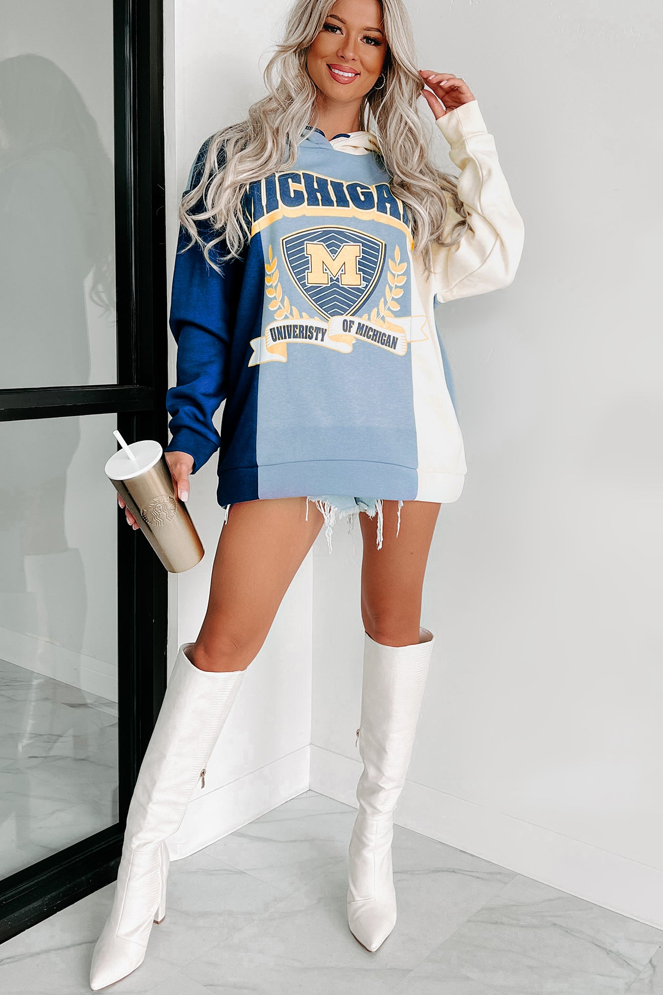 "University Of Michigan" Colorblock Graphic Hoodie (Navy/Ivory) - NanaMacs