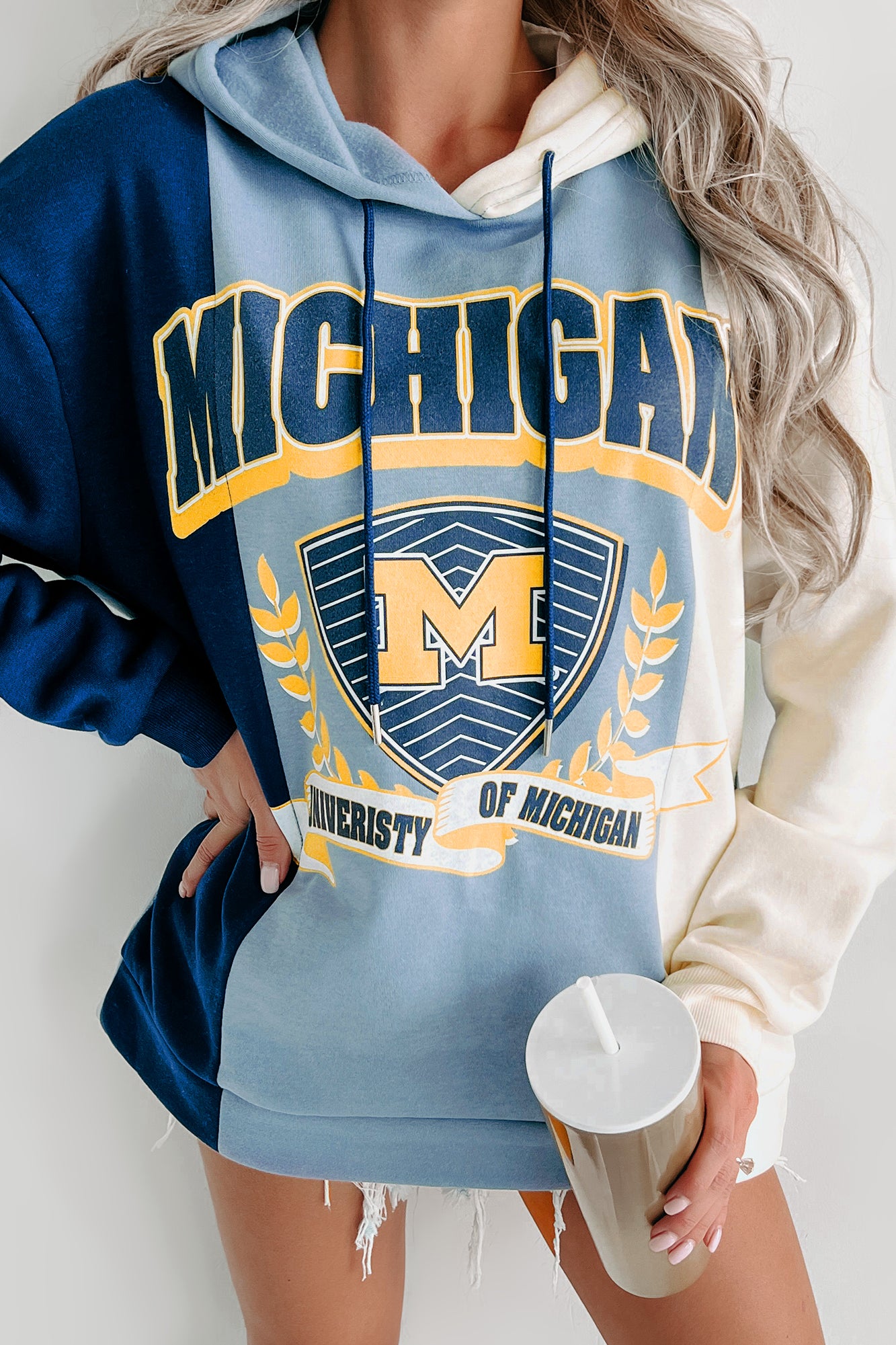 "University Of Michigan" Colorblock Graphic Hoodie (Navy/Ivory) - NanaMacs