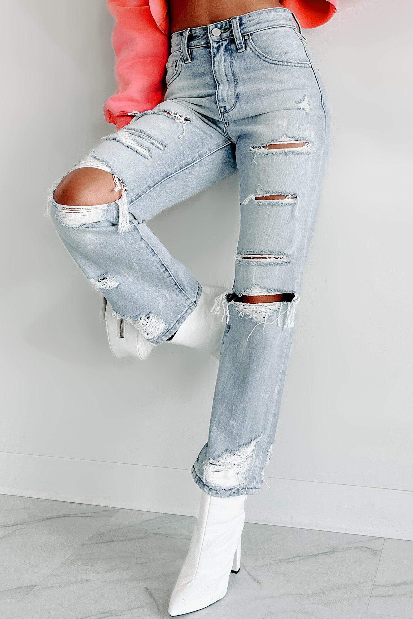 Chrisley High Rise Distressed Straight Leg Jeans (Medium) · NanaMacs